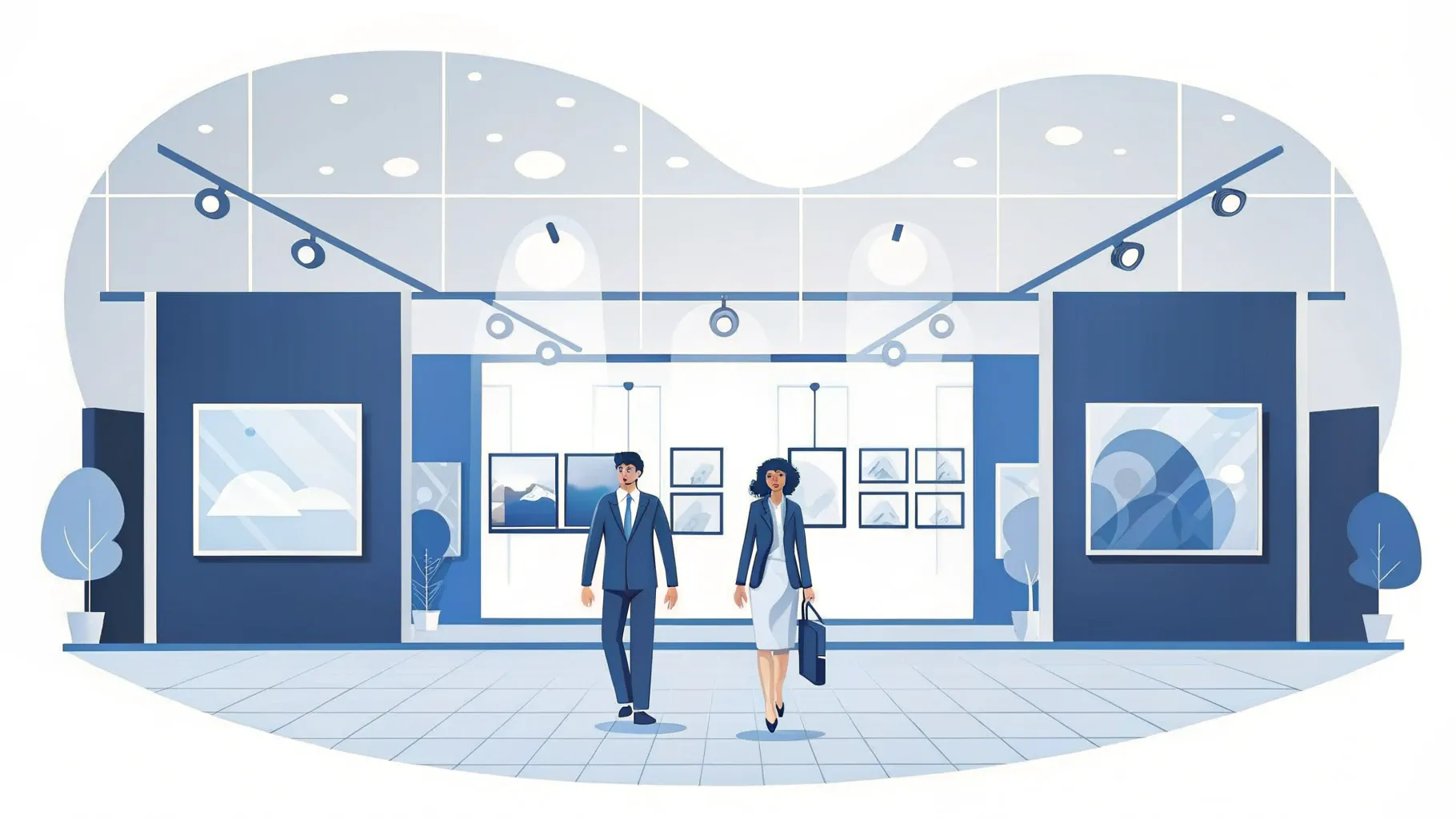 Illustration: Messehalle mit futuristischen Fahrzeugen und schlendernden Besucherfiguren