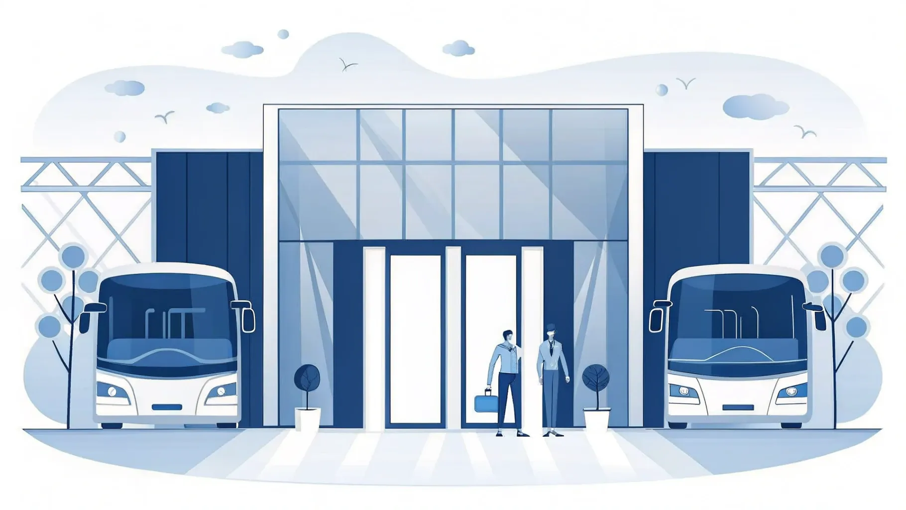 Illustration: Eingang einer großen Messehalle mit Lastwagen und Bussen auf Podesten
