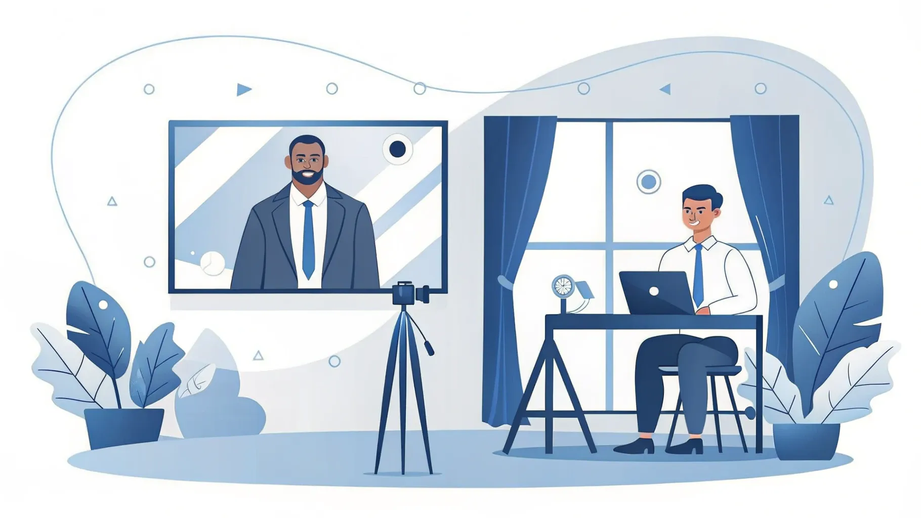 Illustration: Podcast-Mikrofon auf einem Tisch am Fenster, draußen fährt ein moderner Reisebus vorbei