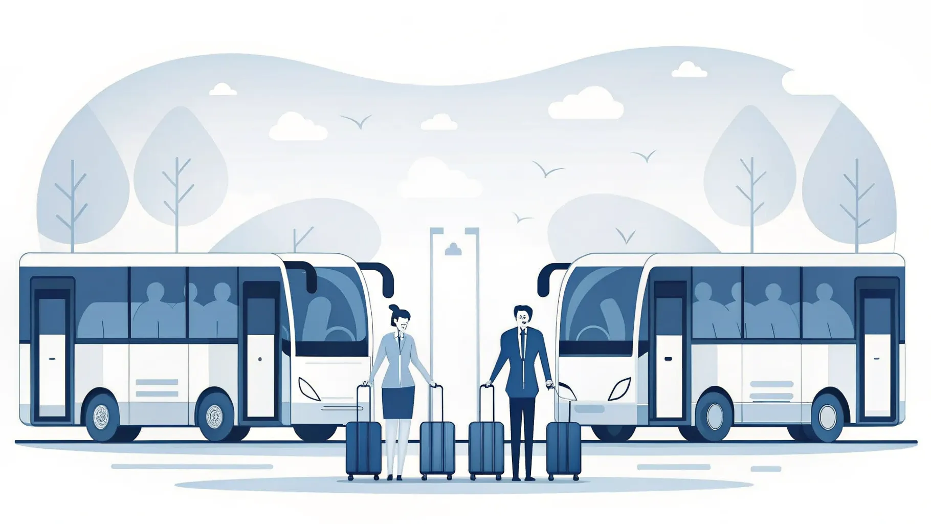 Illustration: Zwei Hände übergeben einen Busschlüssel vor einem geparkten modernen Reisebus