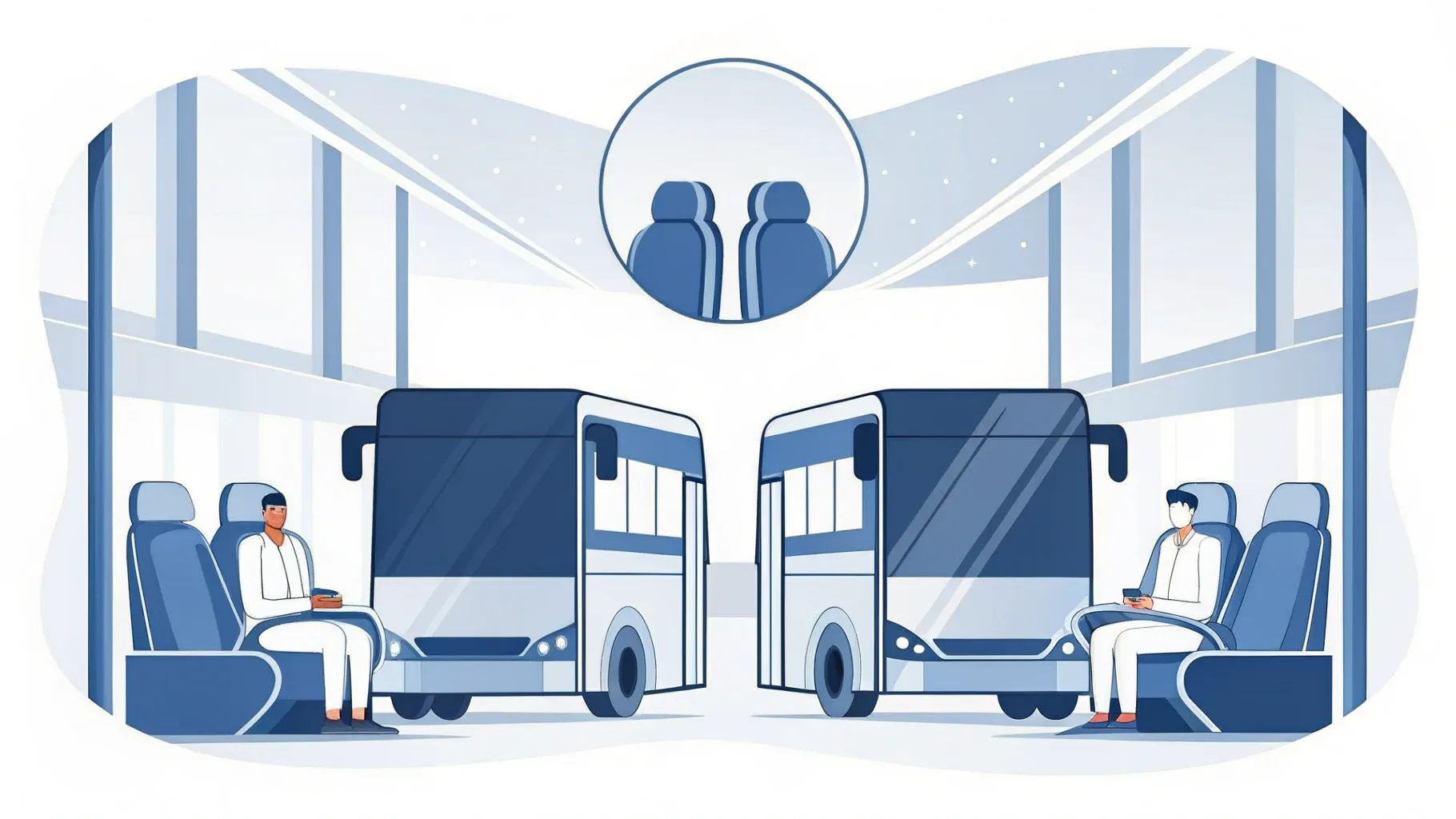 Illustration: Basketball auf einem Bussitz, im Hintergrund die Silhouette einer Sportarena