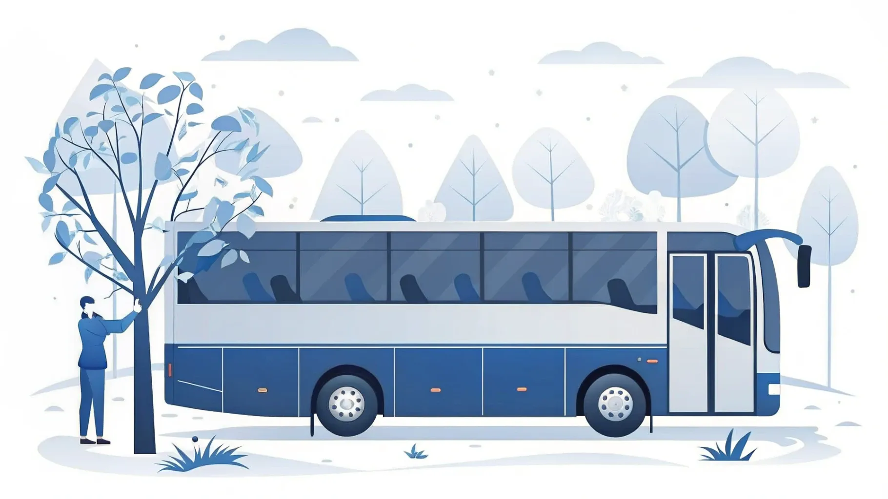 Illustration: Junger Baumsetzling wird neben einem geparkten Reisebus auf einer grünen Wiese gepflanzt