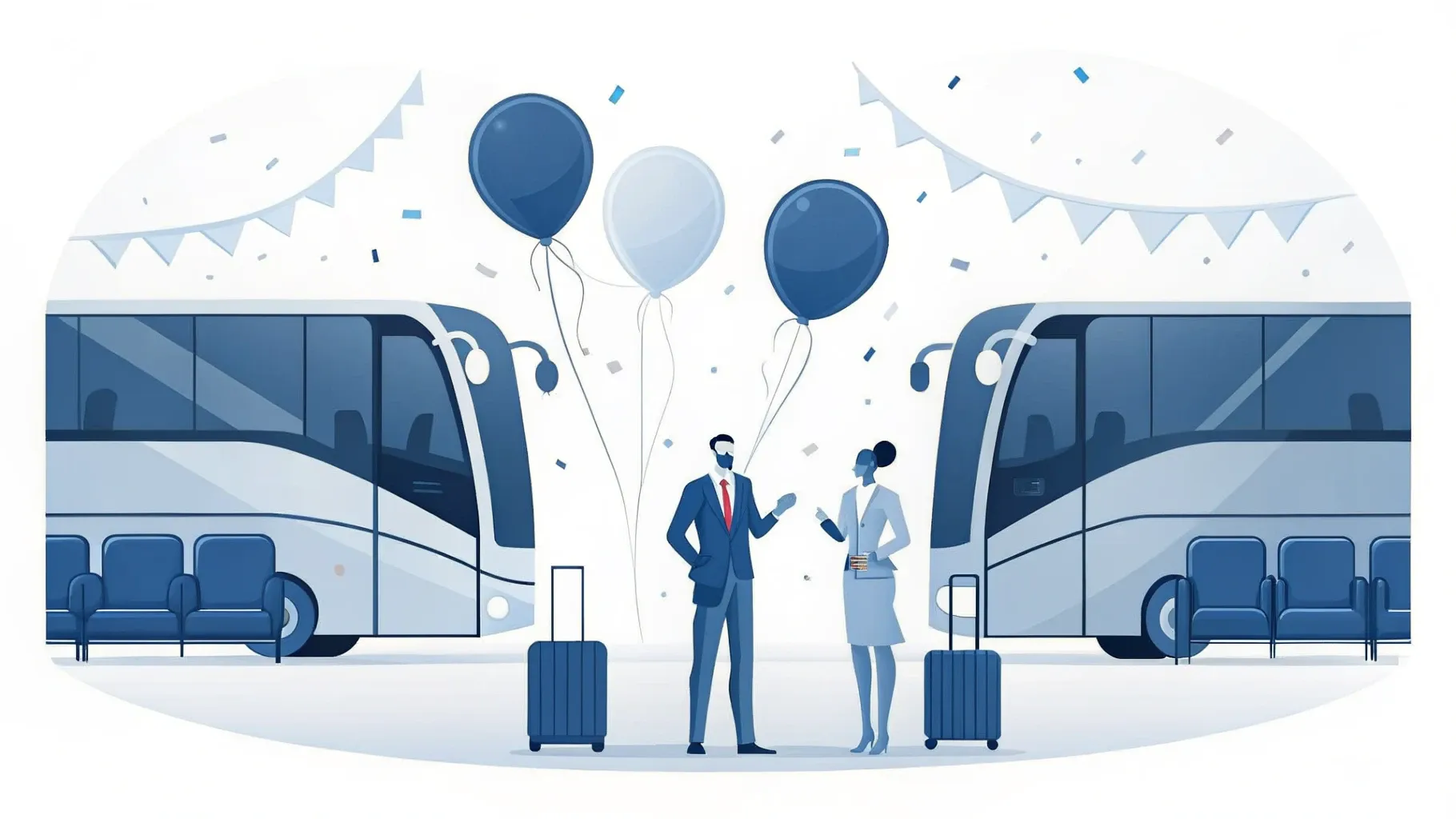 Illustration: Zwei einander zugewandte Stühle mit einem Mikrofon dazwischen, im Hintergrund festliche Luftballons