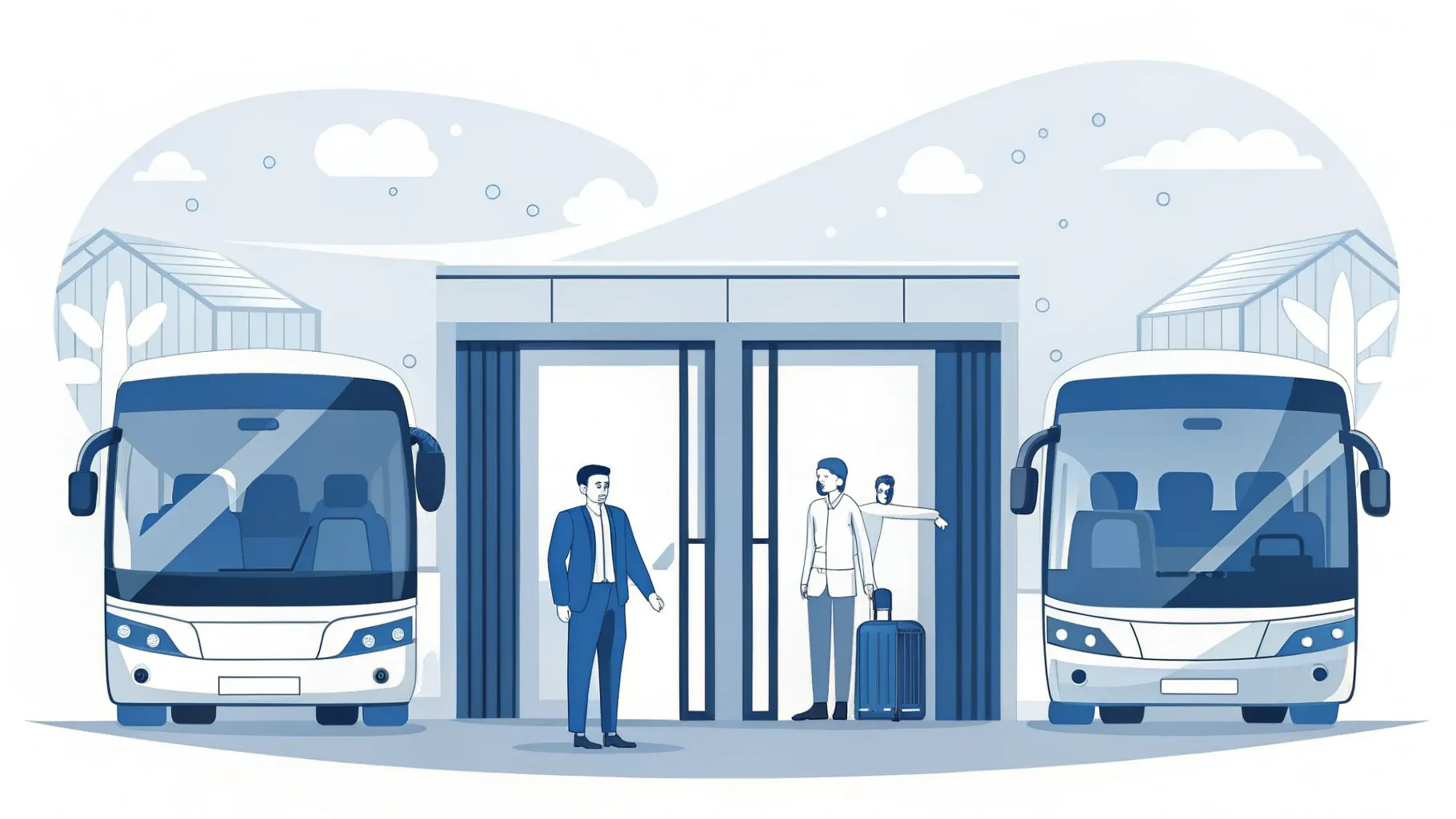 Illustration: Offene Tür zu einem hellen Veranstaltungsraum mit Stuhlreihen, darüber eine kleine Ortsmarkierung