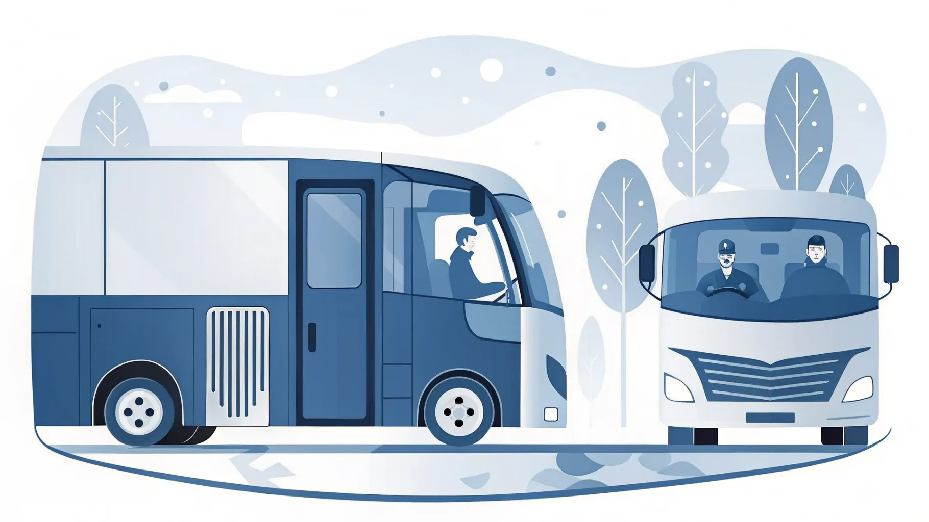 Illustration: Fahrermütze auf dem Armaturenbrett eines geparkten Reisebusses mit Lenkrad und ruhiger Straße