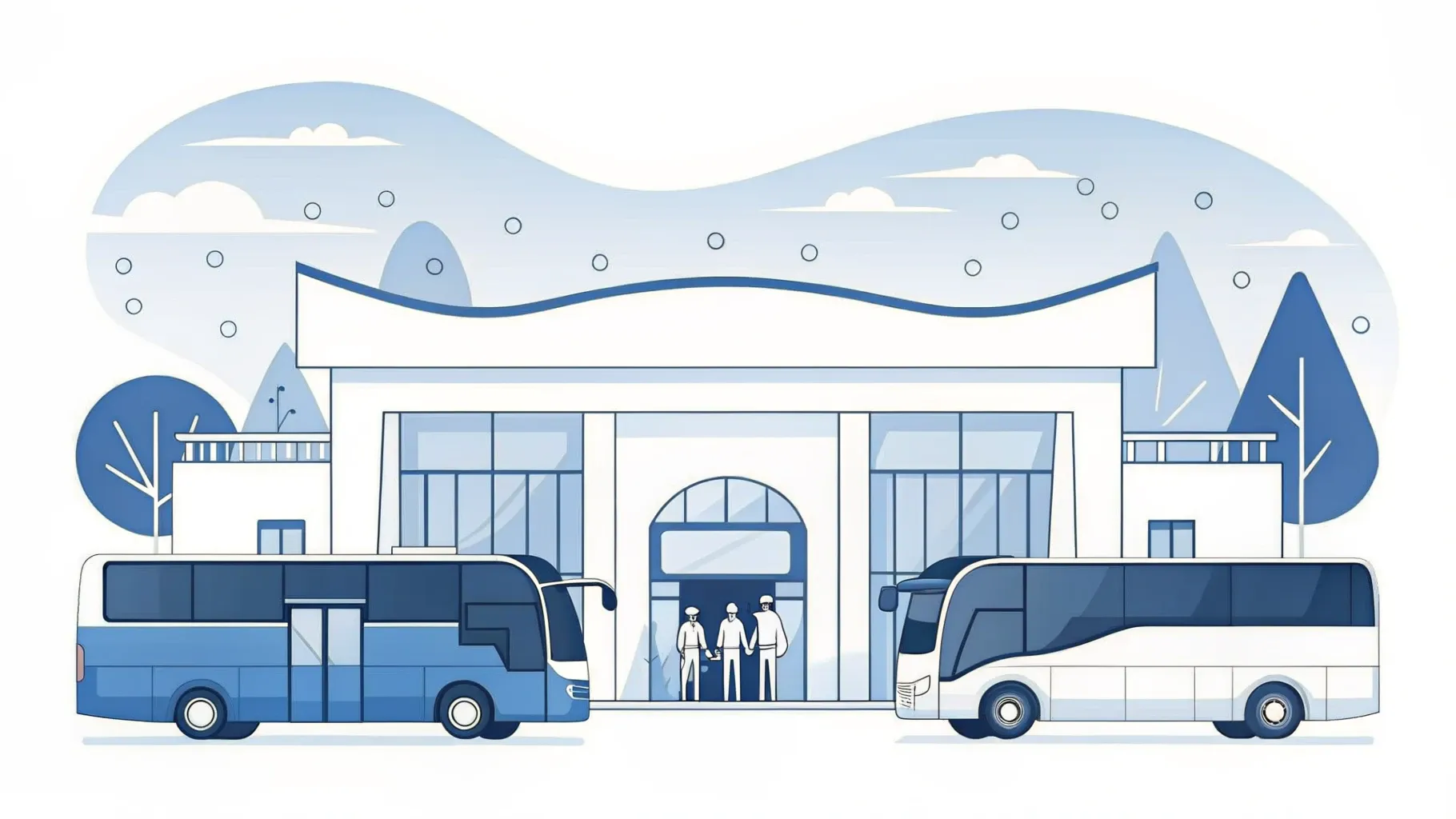 Illustration: Elegante Hotelfassade mit Vordach, davor ein kleiner Reisebus