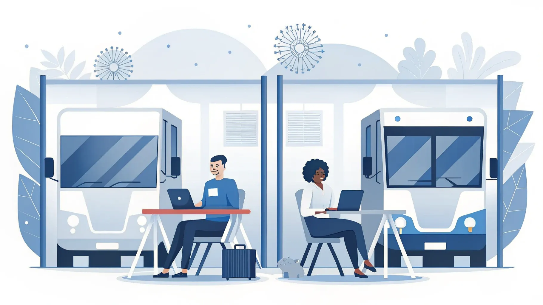 Illustration: Schreibtisch mit Laptop, offenen Notizbüchern und einem kleinen Spielzeugbus