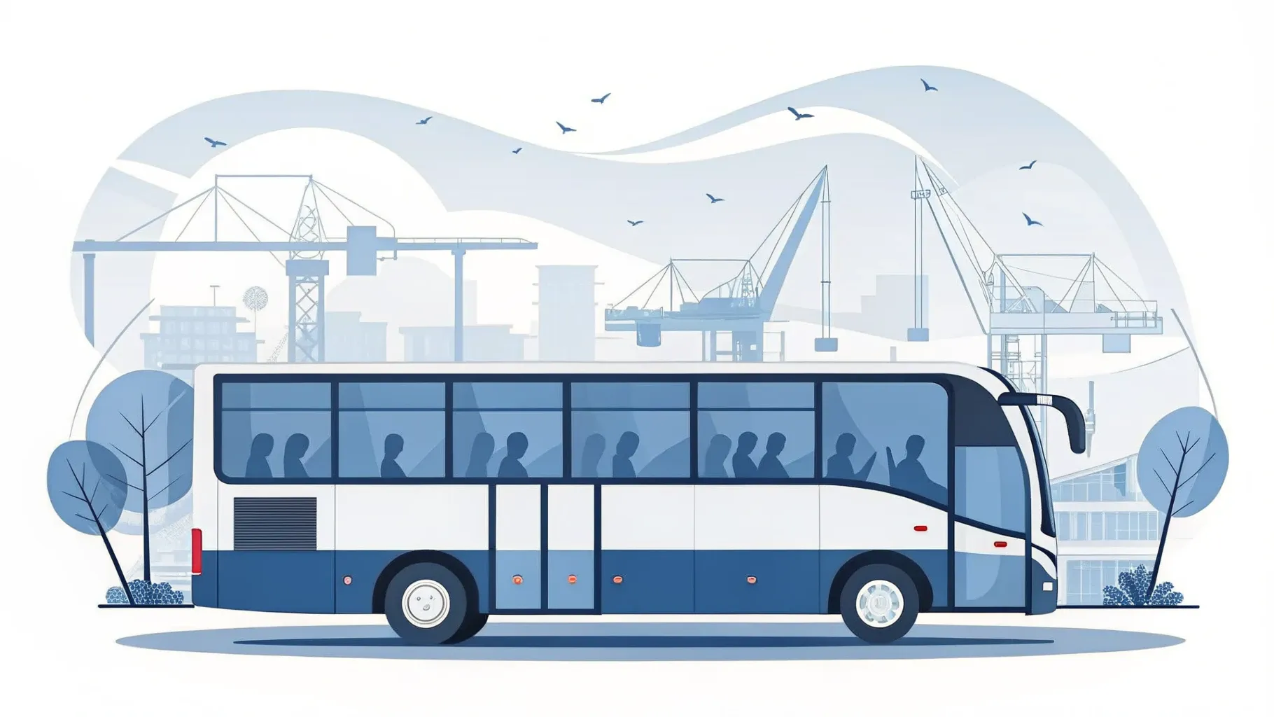 Illustration: Moderner Reisebus auf einer Stadtstraße mit Hafenkran-Silhouetten im Hintergrund