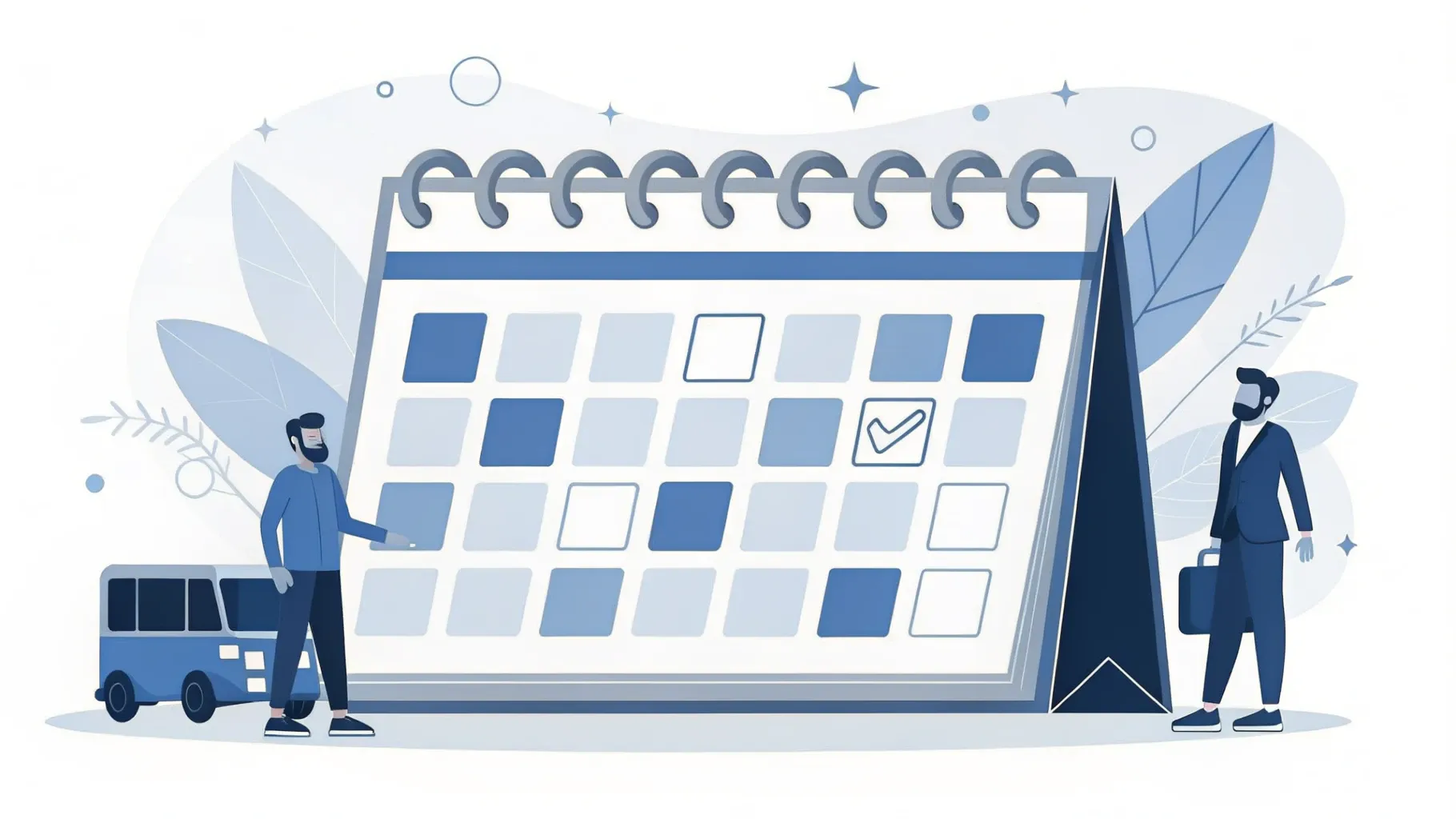Illustration: Tischkalender mit umschlagender letzter Seite, daneben ein kleines Busmodell