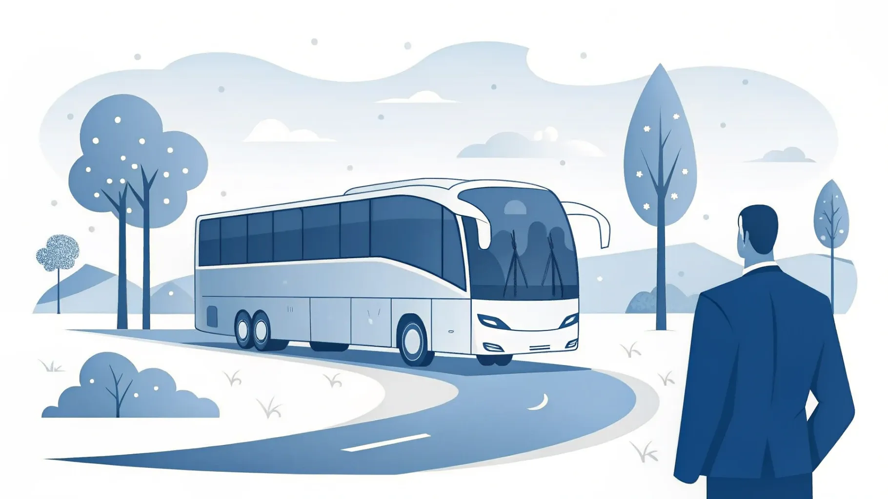 Illustration: Reisebus auf einer sanft geschwungenen Straße mit kleinen Meilenstein-Fähnchen