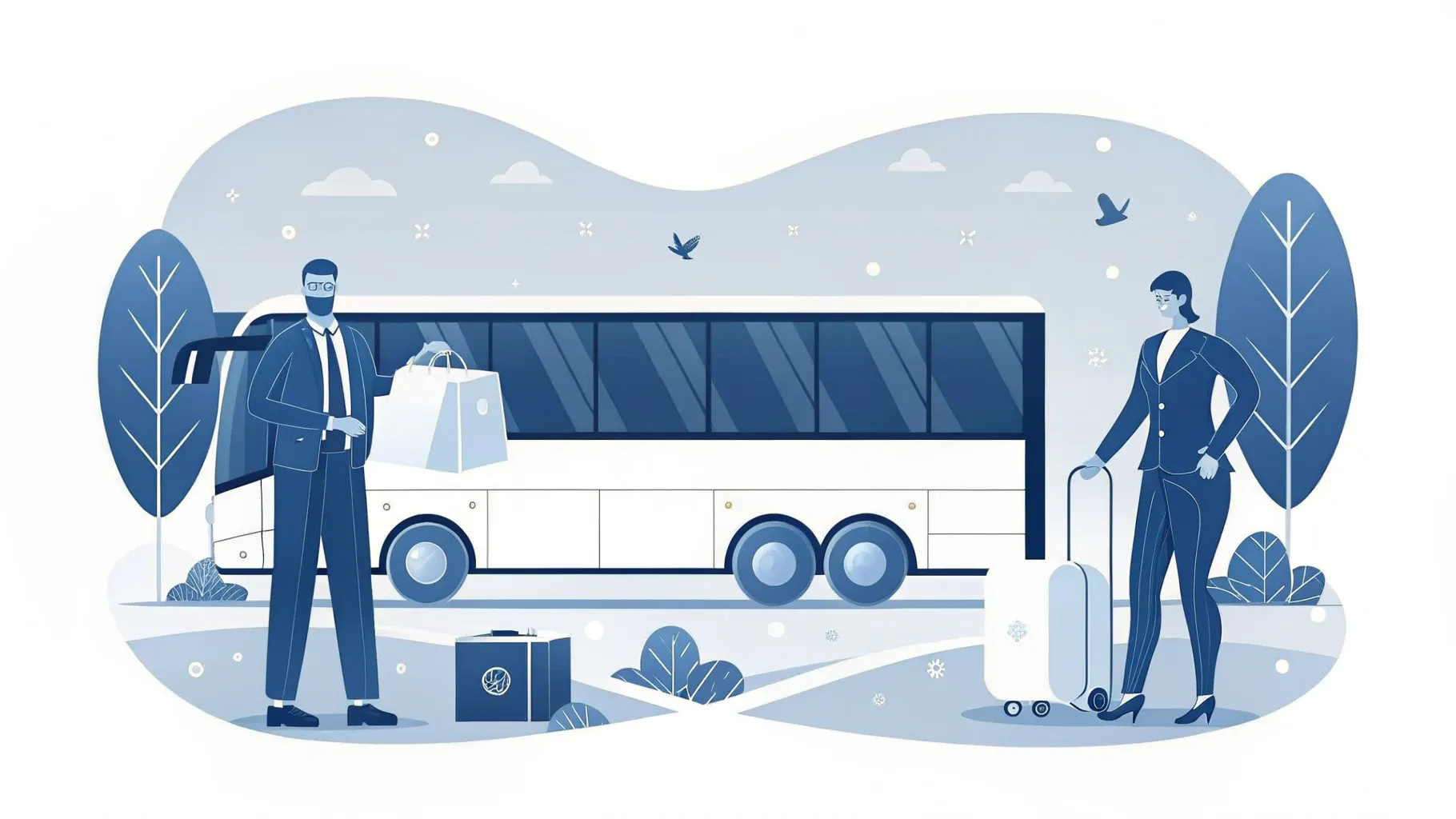 Illustration: Kleine Figuren sammeln auf einer grünen Wiese Müll in Säcke, daneben ein geparkter Reisebus