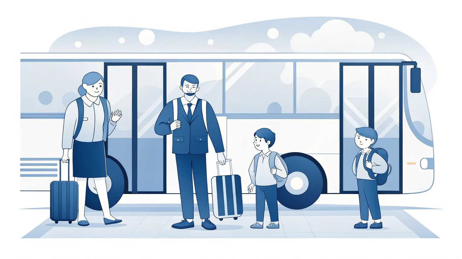 Illustration: Kopfhörer und Reisespiel auf bunten Sitzen im Inneren eines Reisebusses mit sonnigen Fenstern