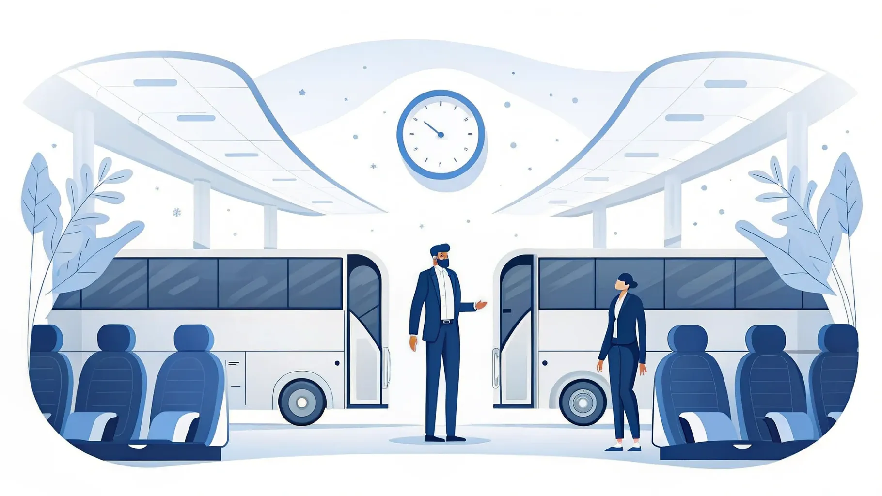 Illustration: Großes Zifferblatt im Fahrtenschreiber-Stil neben einem Reisebus auf einem ruhigen Rastplatz