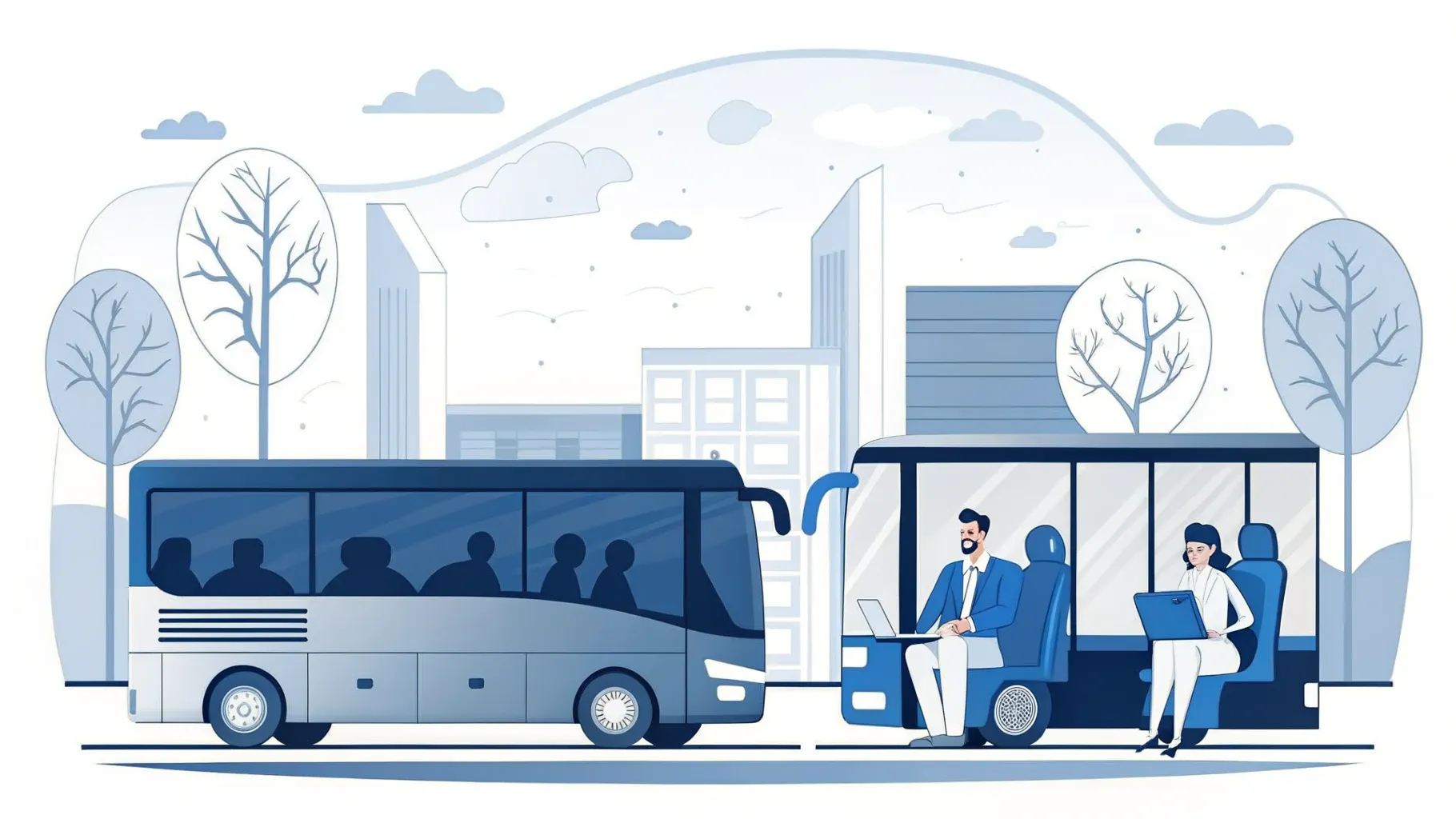 Illustration: Mikrofonständer vor einem großen Fenster mit Blick auf eine Straße mit Bus und Fahrrädern