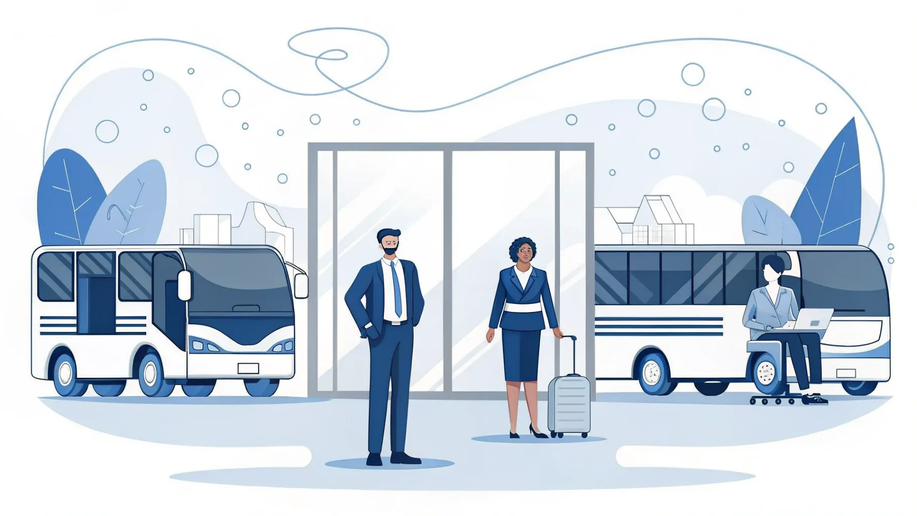 Illustration: Rucksack und Notizbuch auf einem Bürostuhl, durch das Fenster ist ein Reisebus zu sehen