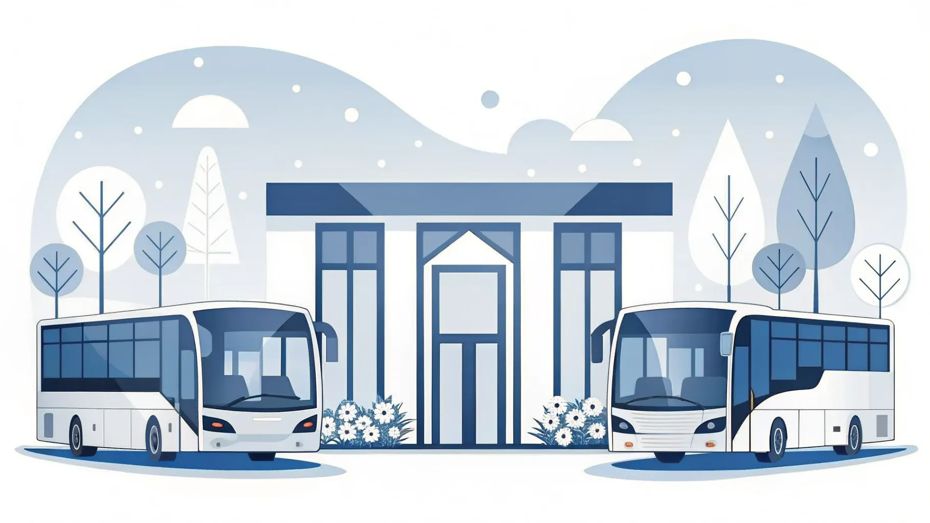Illustration: Reisebus erreicht eine bunte Gartenschau mit Blumenbeeten und einem kleinen Pavillon