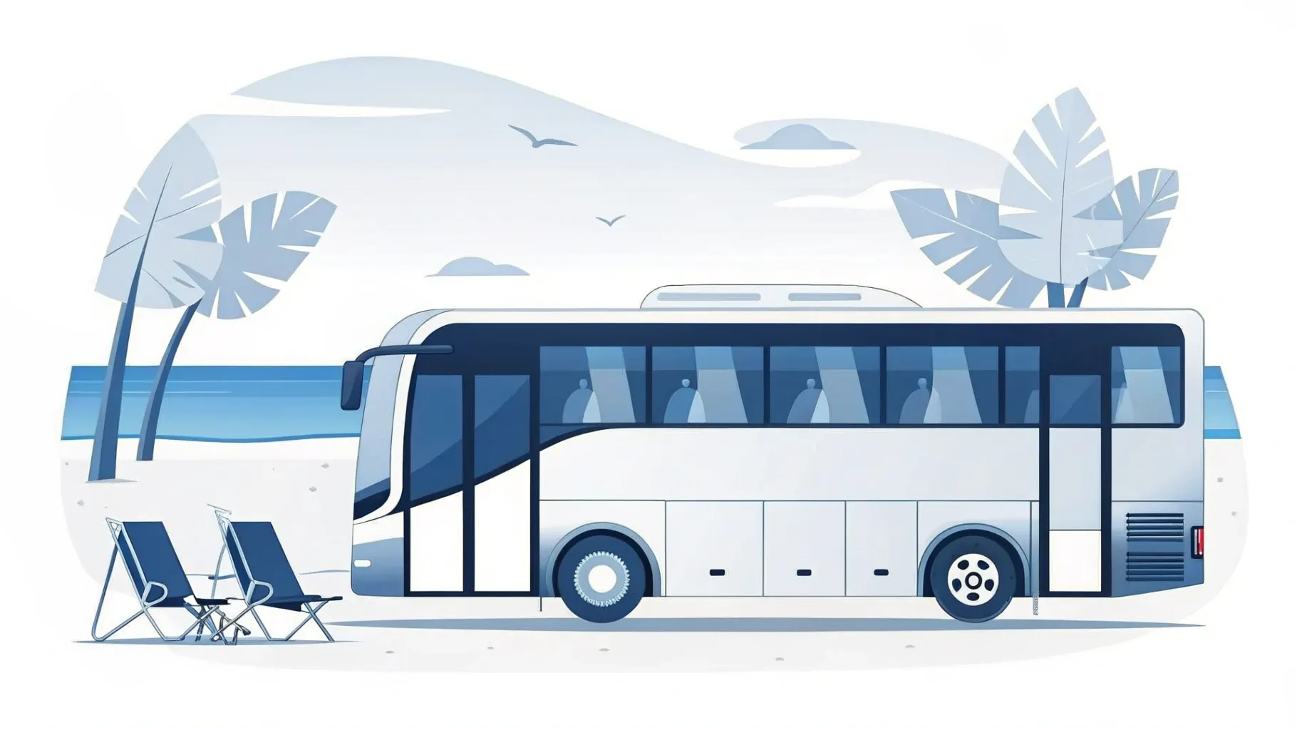 Illustration: Reisebus am Strand mit einem Strandkorb auf hellem Sand und ruhiger blauer See
