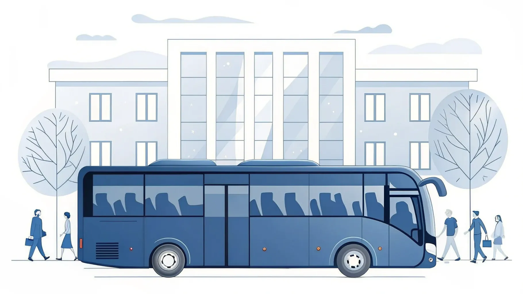 Illustration: Moderner Shuttle-Bus hält vor einem Bürogebäude, kleine Figuren steigen ein