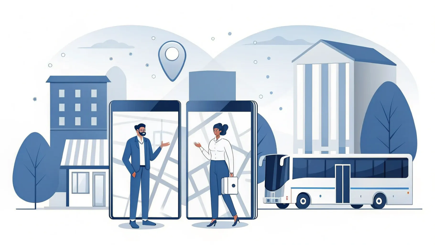 Illustration: Kleine Figuren warten an einer Firmen-Shuttle-Haltestelle mit Routenplan-Schild