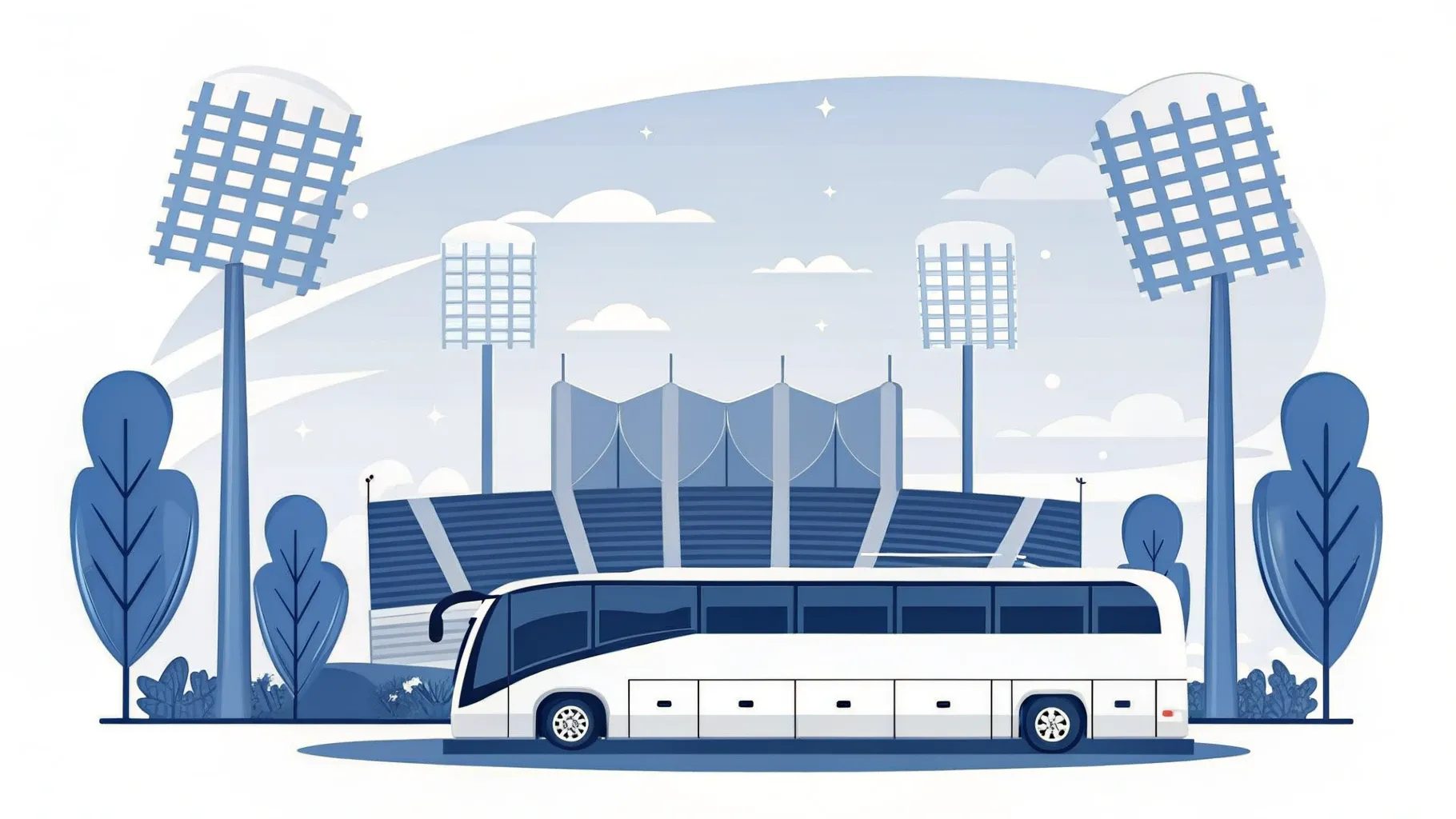 Illustration: Eleganter Mannschaftsbus vor einem Stadion mit hohen Flutlichtmasten