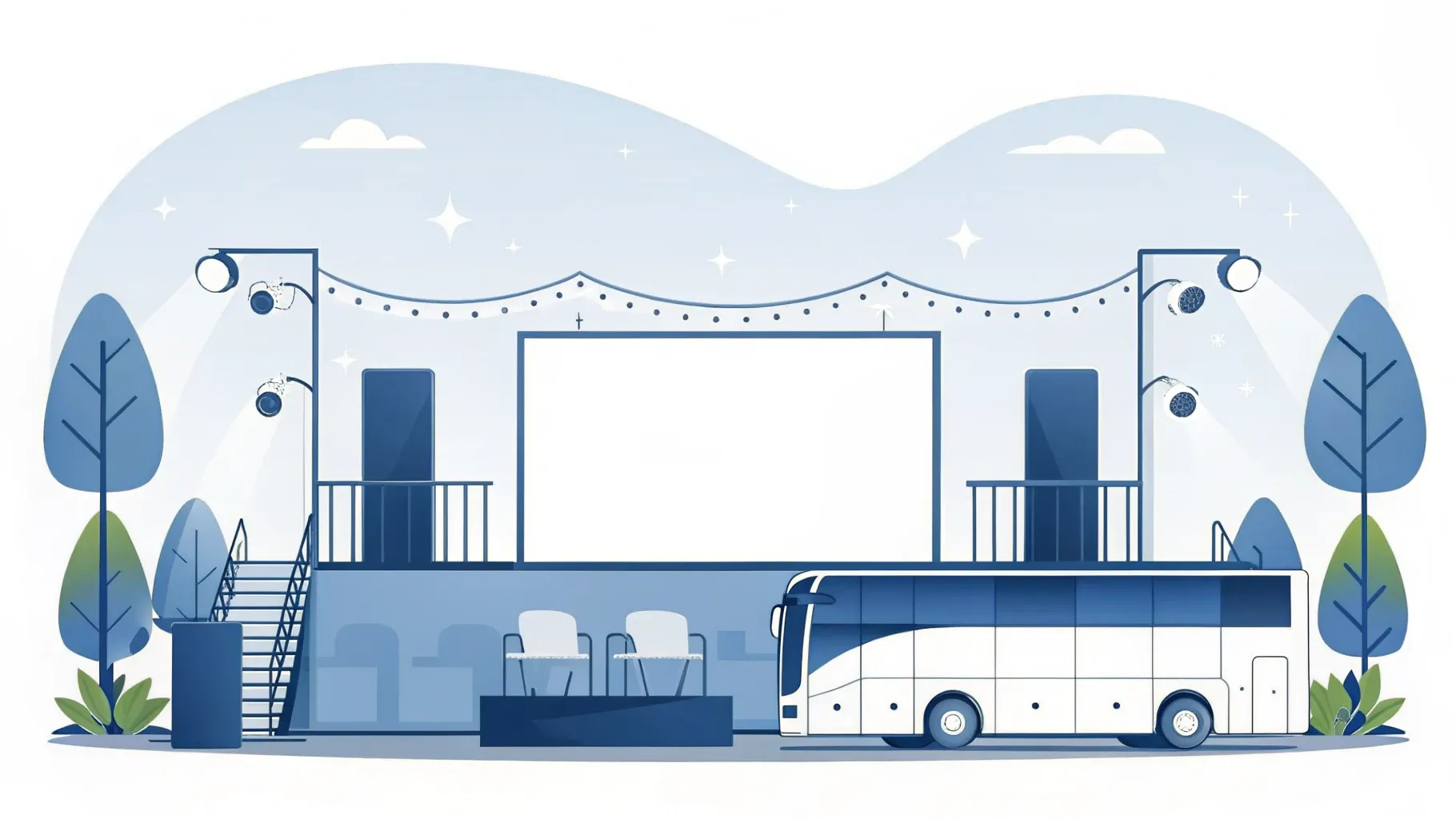 Illustration: Open-Air-Bühne mit grünen Pflanzen und Lichterketten, seitlich ein geparkter Reisebus