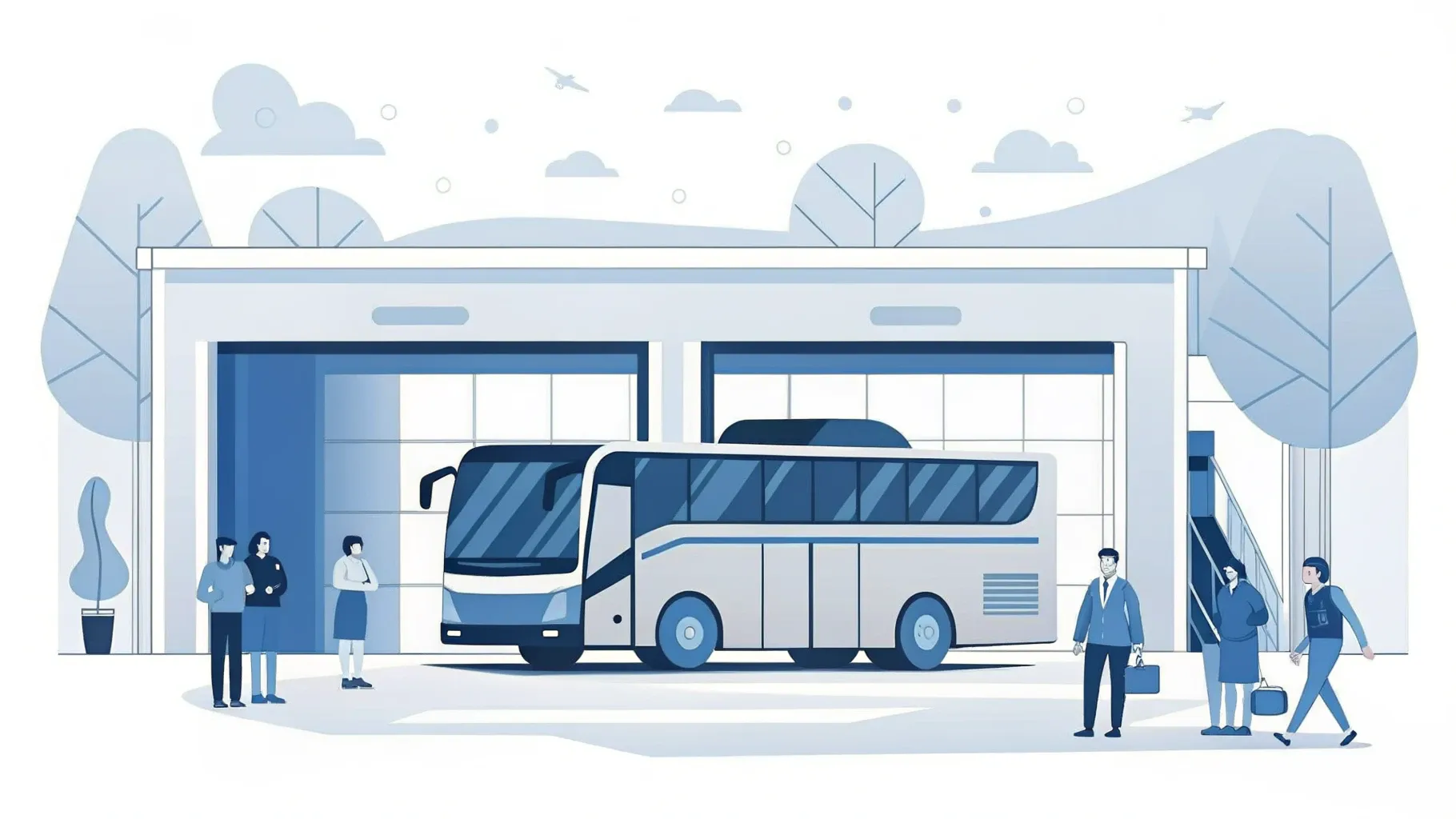 Illustration: Reisebus fährt aus einem offenen Garagentor ins helle Tageslicht