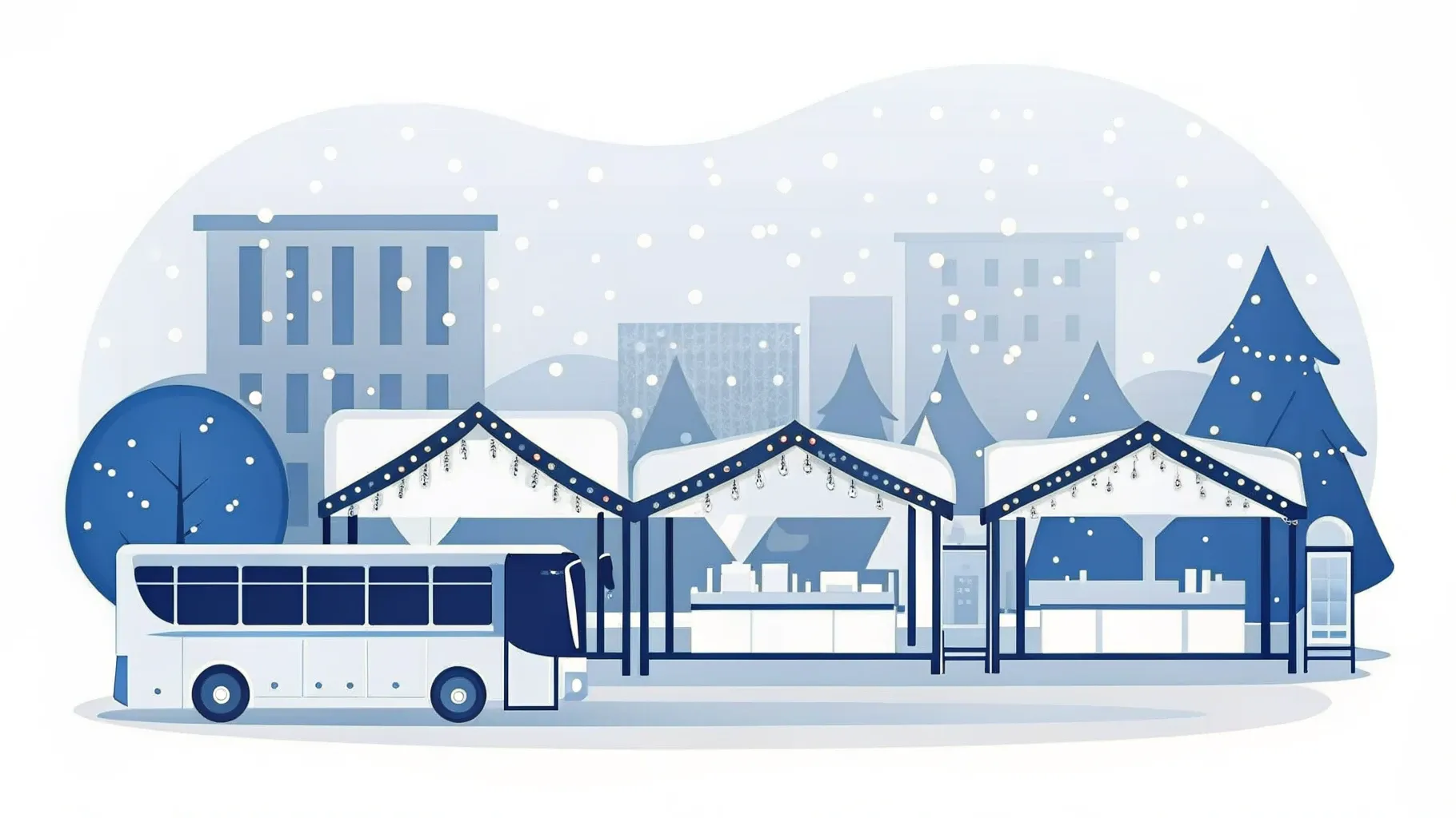 Illustration: Weihnachtsmarktbuden mit Lichterketten und leichtem Schneefall, in der Nähe ein geparkter Reisebus