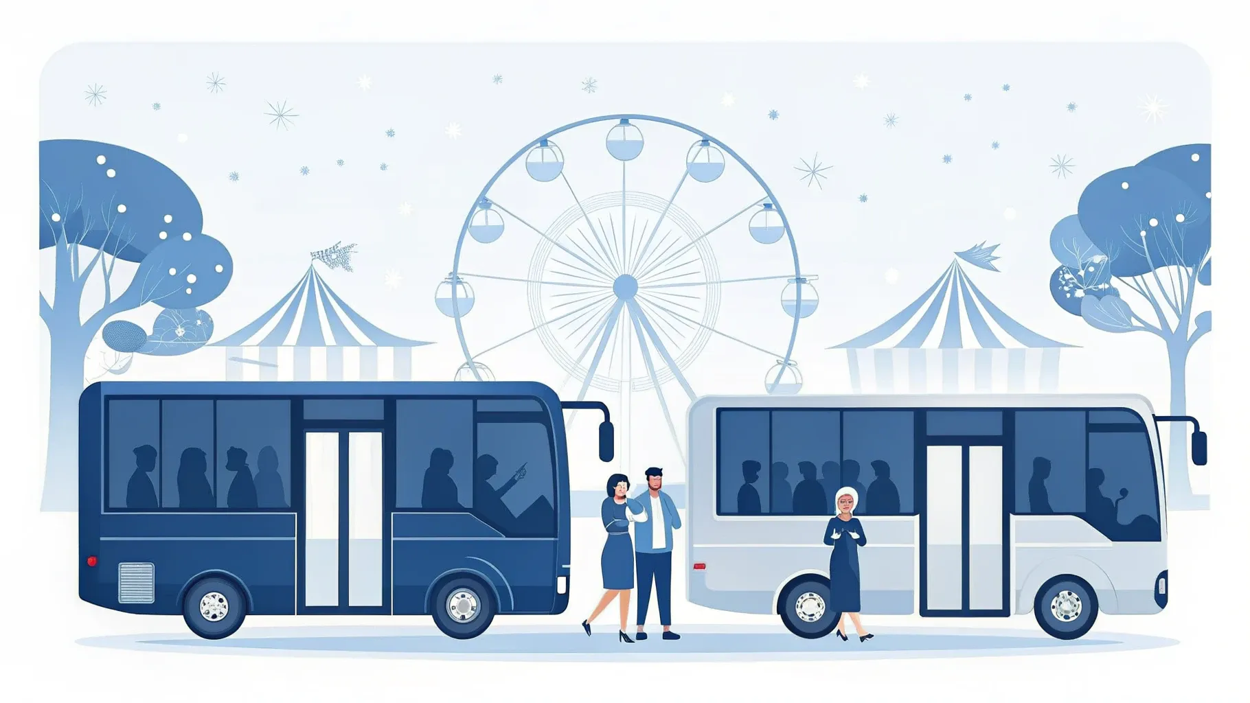 Illustration: Reisebus erreicht ein Festgelände mit Riesenrad und Festzelt-Silhouetten