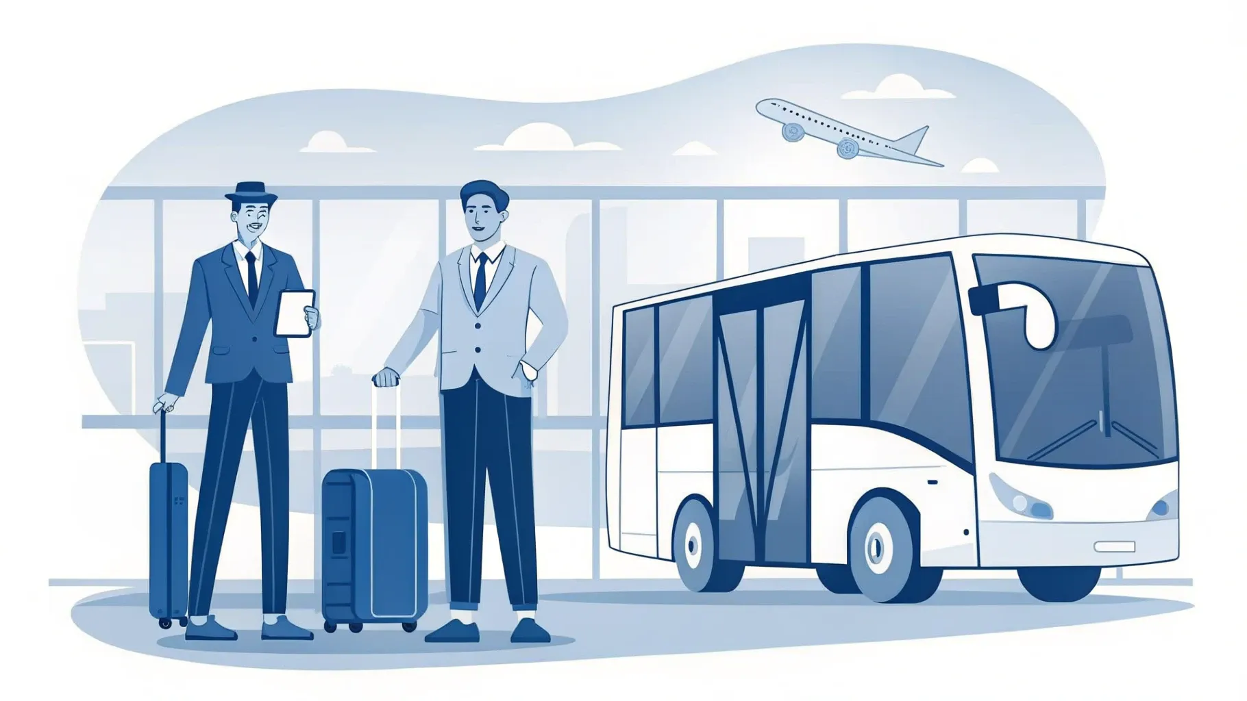 Illustration: Offener Koffer mit ordentlich gepackter Kleidung neben Sonnenhut und Busticket