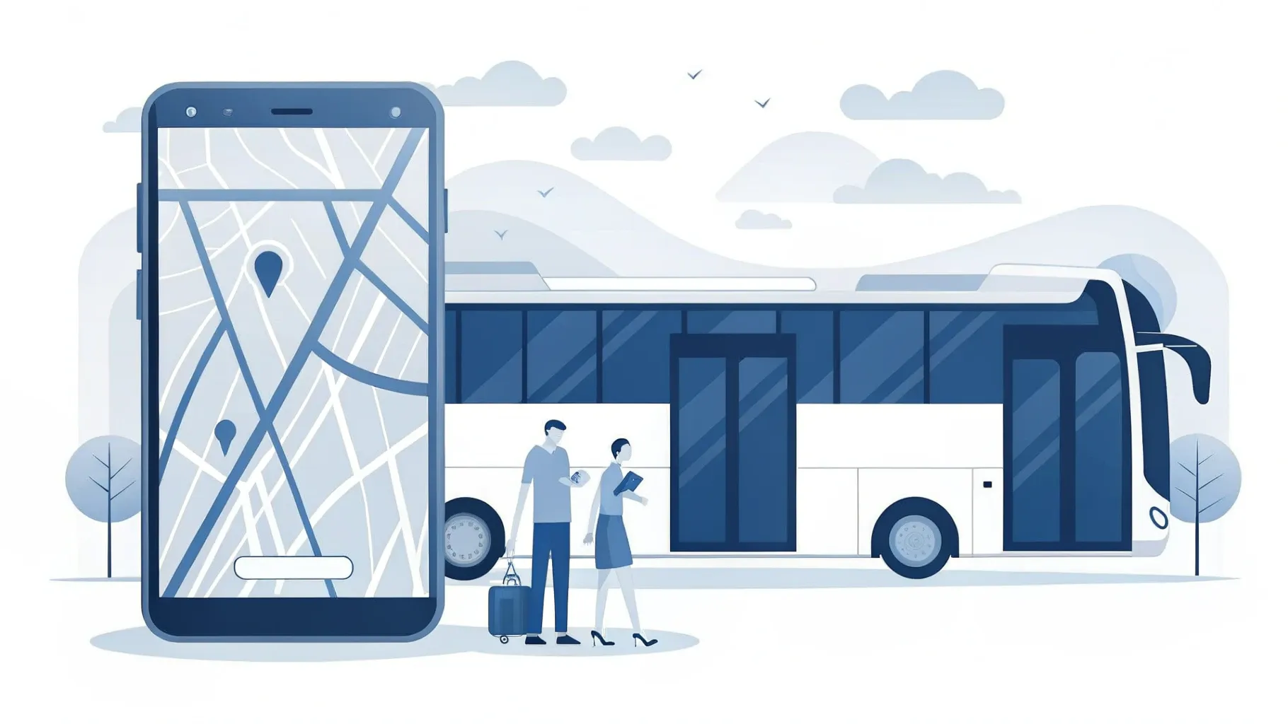 Illustration: Smartphone mit Shuttle-Routenkarte, im Hintergrund ein moderner Reisebus