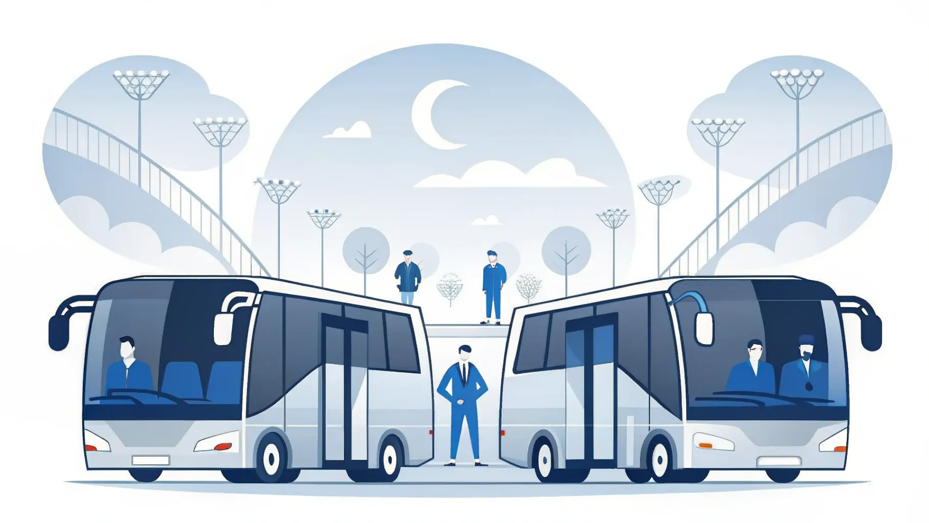 Illustration: Reisebus auf einer Straße zu einem Stadion, entlang der Route kleine Fußballfahnen