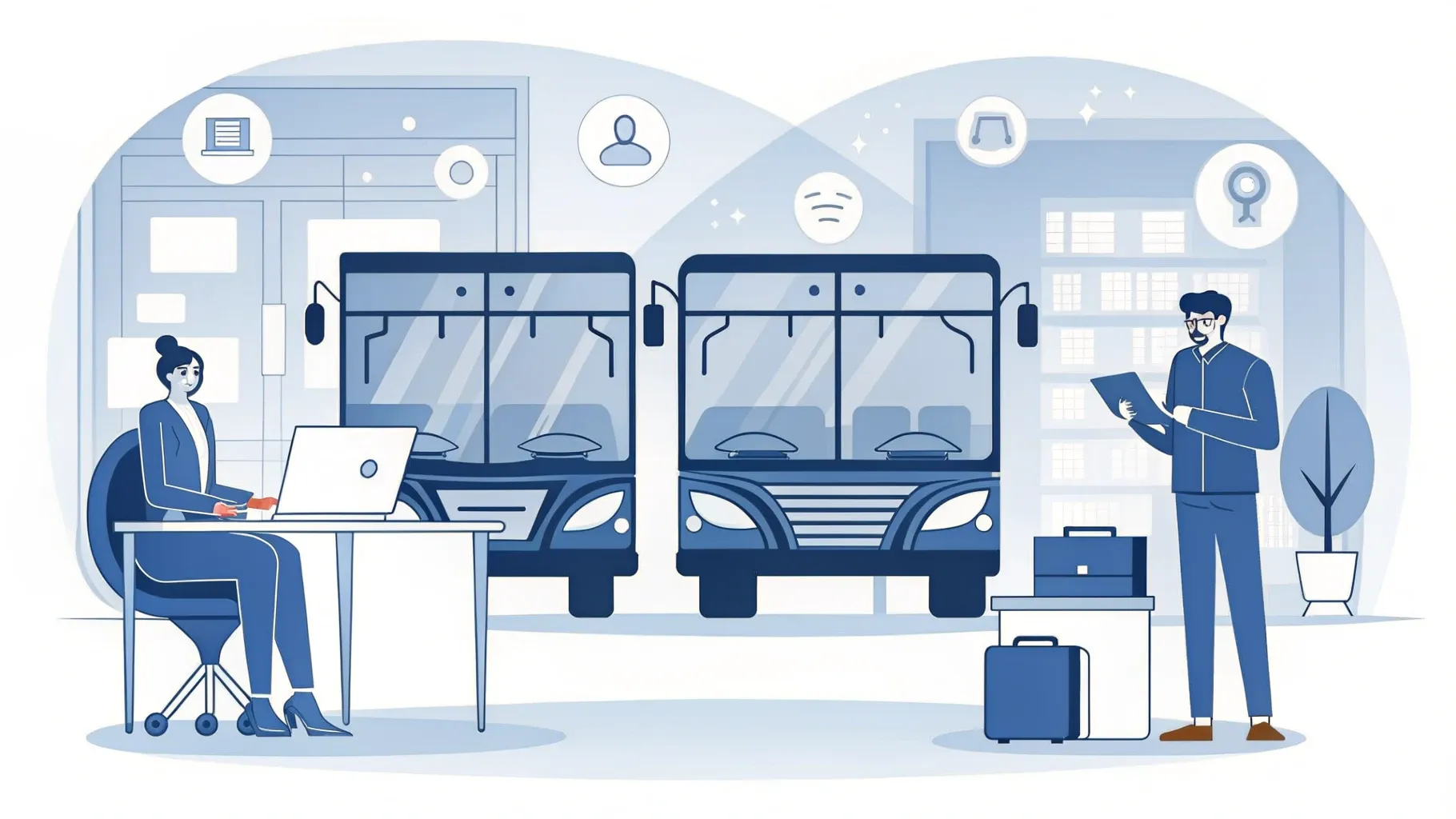 Illustration: Schreibtisch mit Laptop samt Diagramm, Haftnotizen und einem kleinen Busmodell