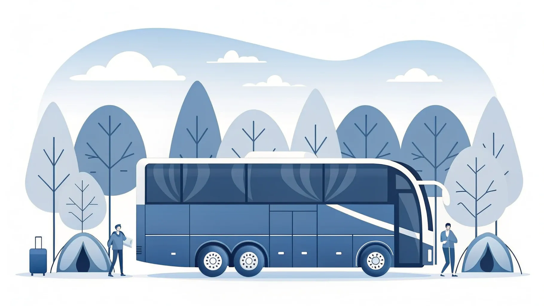 Illustration: Reisebus in Seitenansicht auf einer Wiese, daneben Zelte eines Campingplatzes