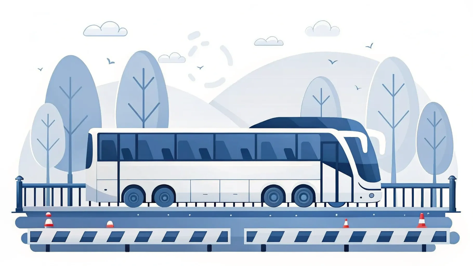 Illustration: Bahngleis mit Baustellenabsperrungen, auf der parallelen Straße fährt ein Ersatzbus