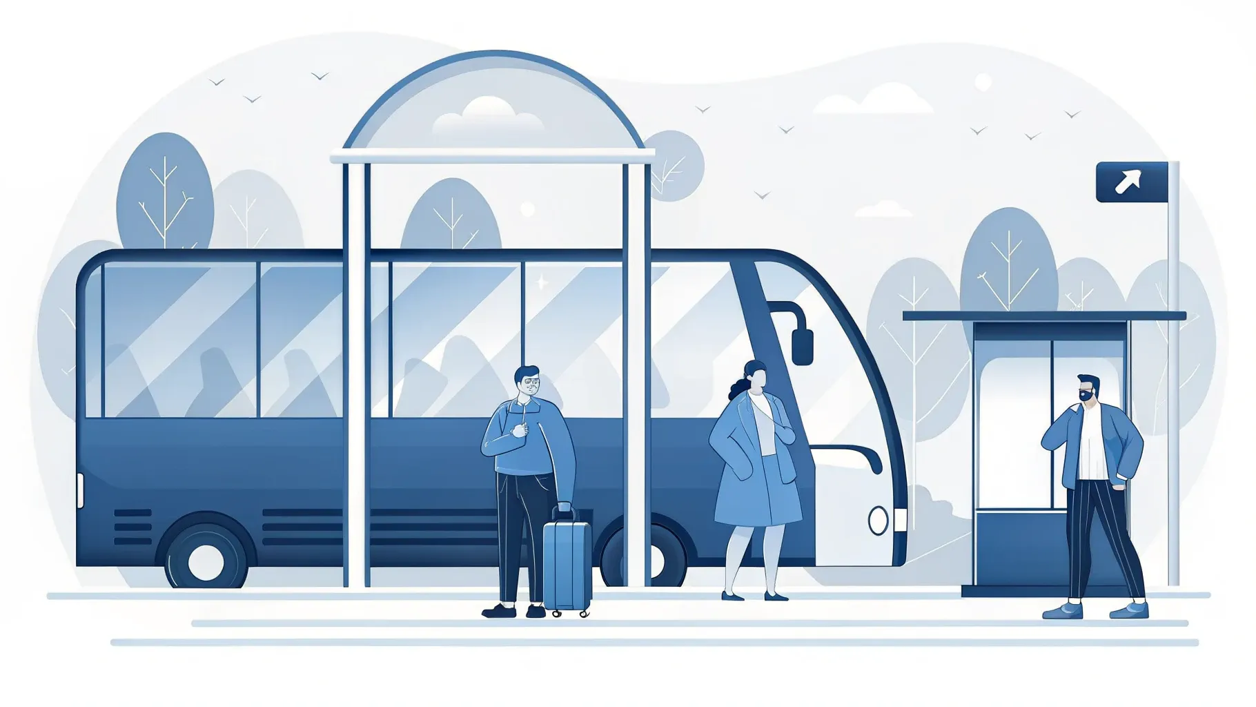Illustration: Reisebus wartet an einem Schienenersatzverkehr-Schild neben einem Bahnsteig