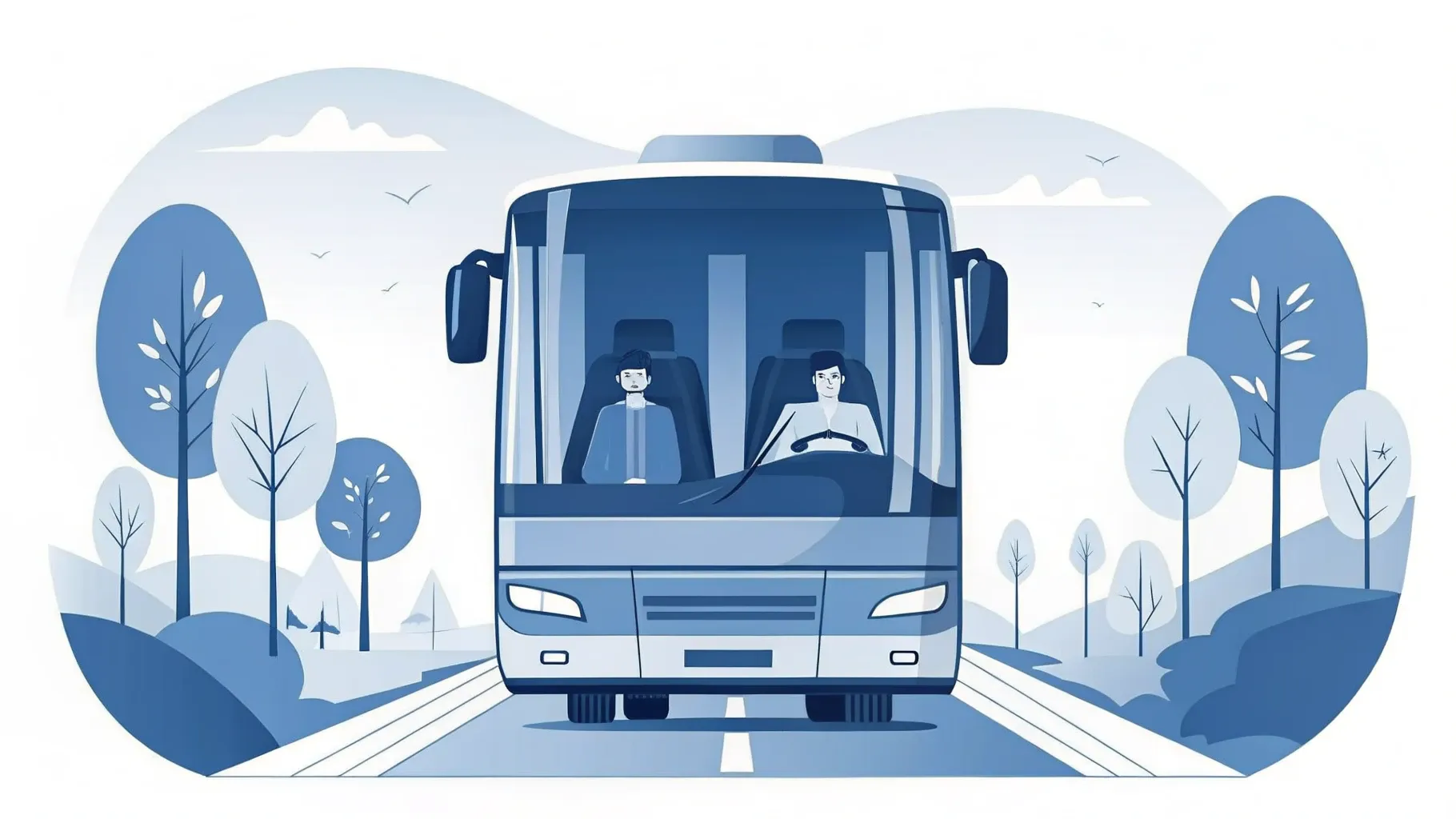 Illustration: Reisebus fährt ruhig auf gerader Autobahn, darüber die Umrisse eines Schutzschilds