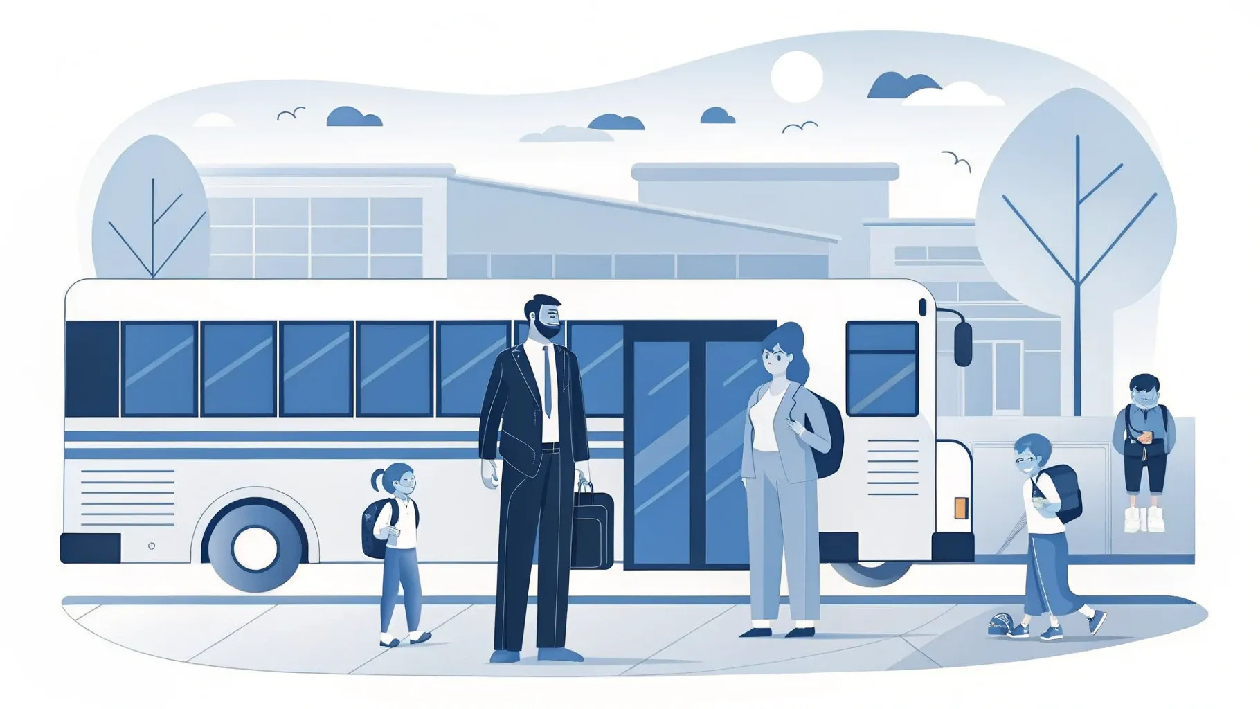 Illustration: Reisebus an einer Schulbushaltestelle, Kinder mit Ranzen warten in einer Reihe