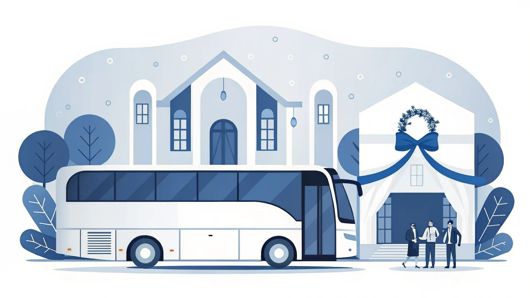 Illustration: Weißer Reisebus mit Schleife vor einer kleinen Hochzeitslocation