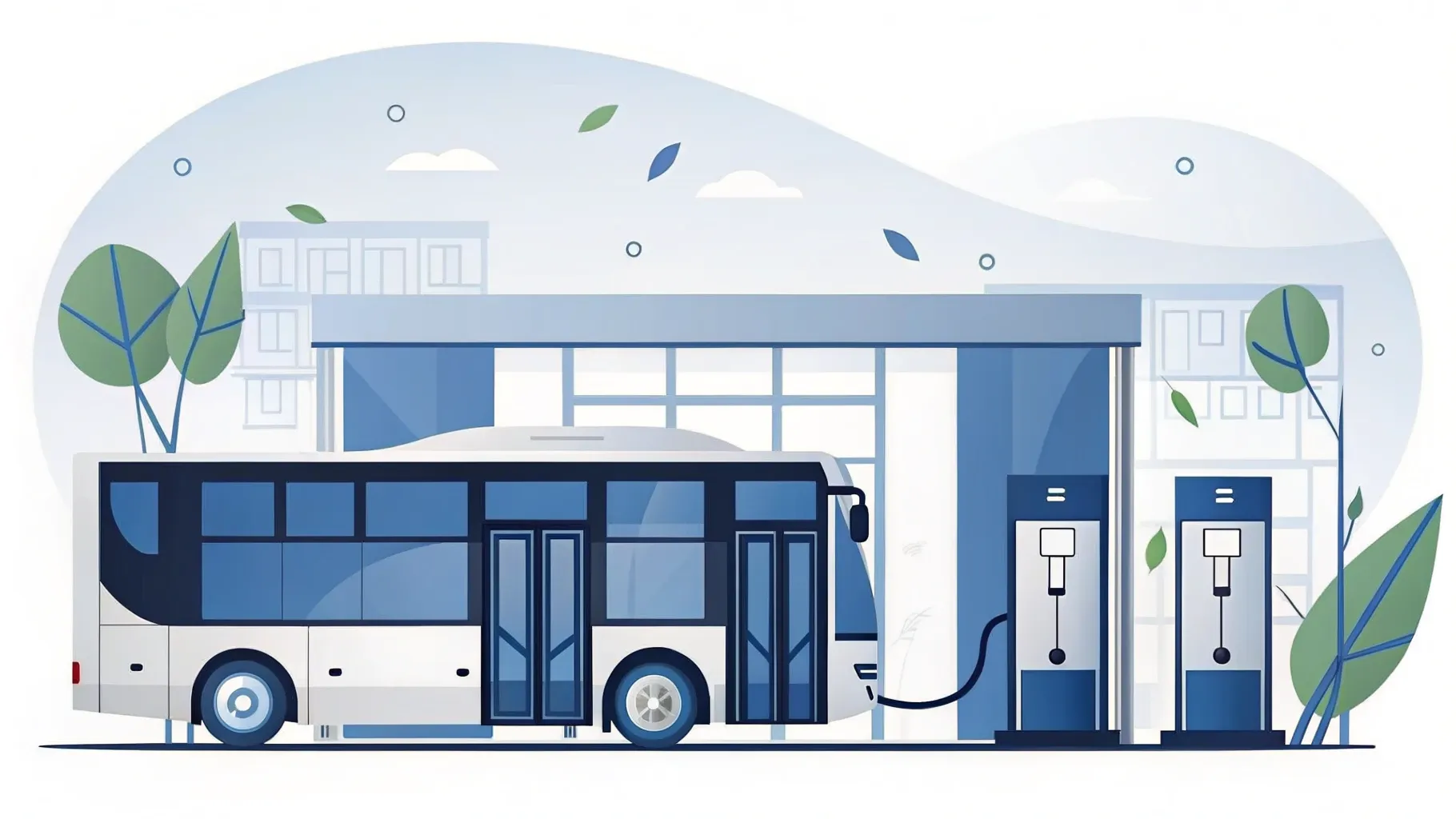 Illustration: Elektrobus an einer Ladestation, um das Ladekabel grüne Blätter
