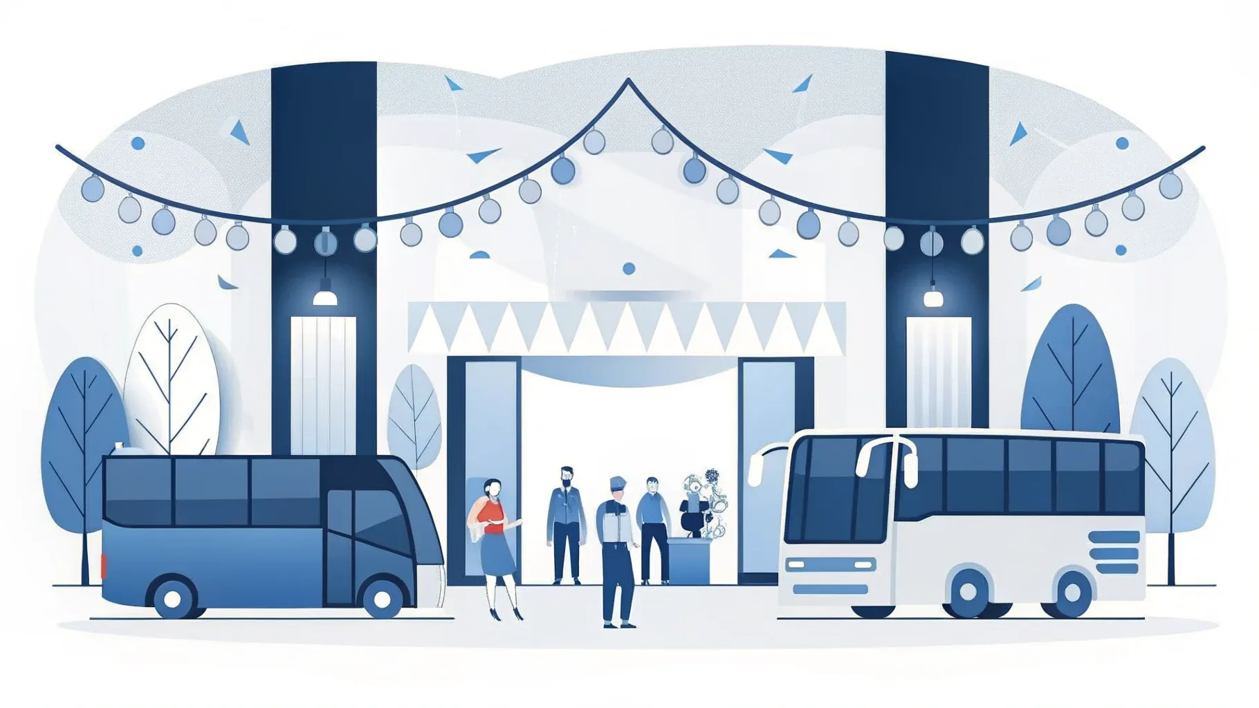 Illustration: Messehallen-Eingang mit Fahnen, ein Reisebus setzt kleine Besucherfiguren ab