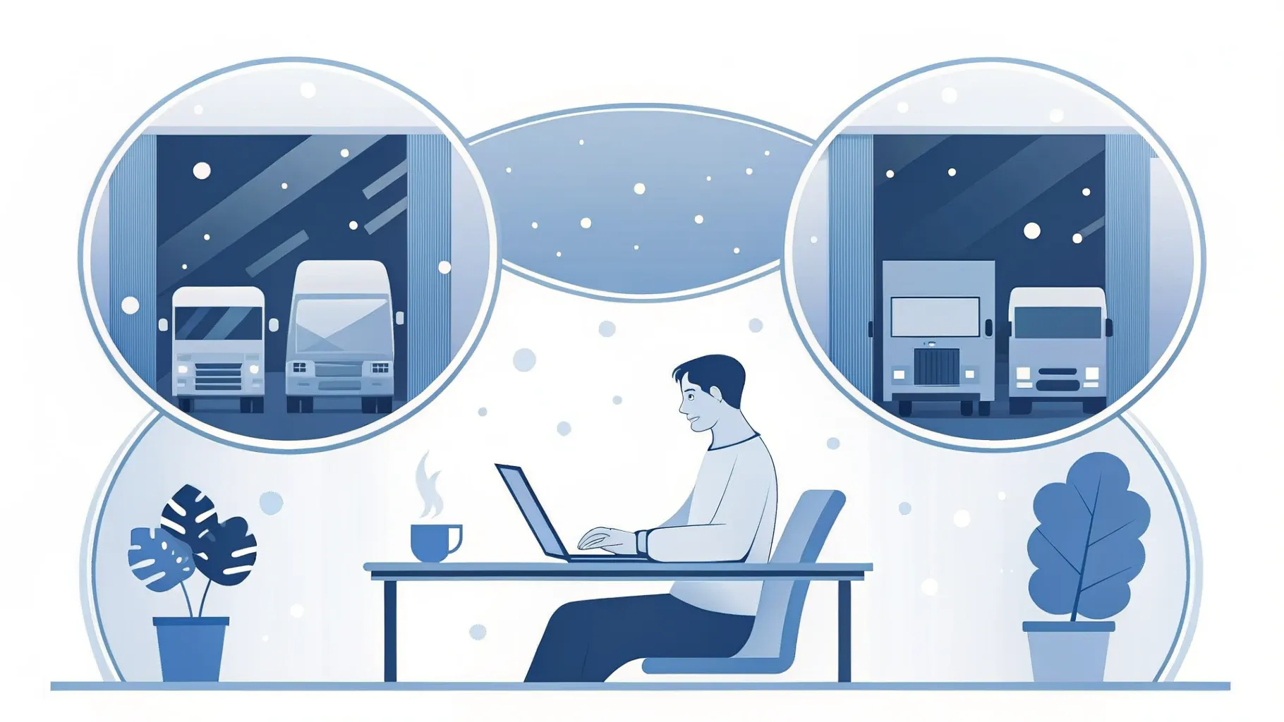 Illustration: Gemütlicher Schreibtisch mit Laptop, Pflanze und Kaffeetasse im hellen Tageslicht