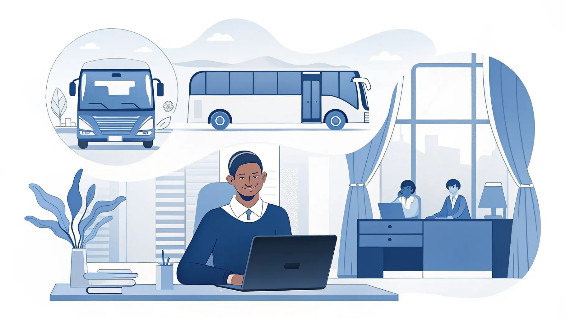 Illustration: Aufgeräumter Schreibtisch mit Laptop, Checklisten-Notizblock und Kopfhörern am sonnigen Fenster