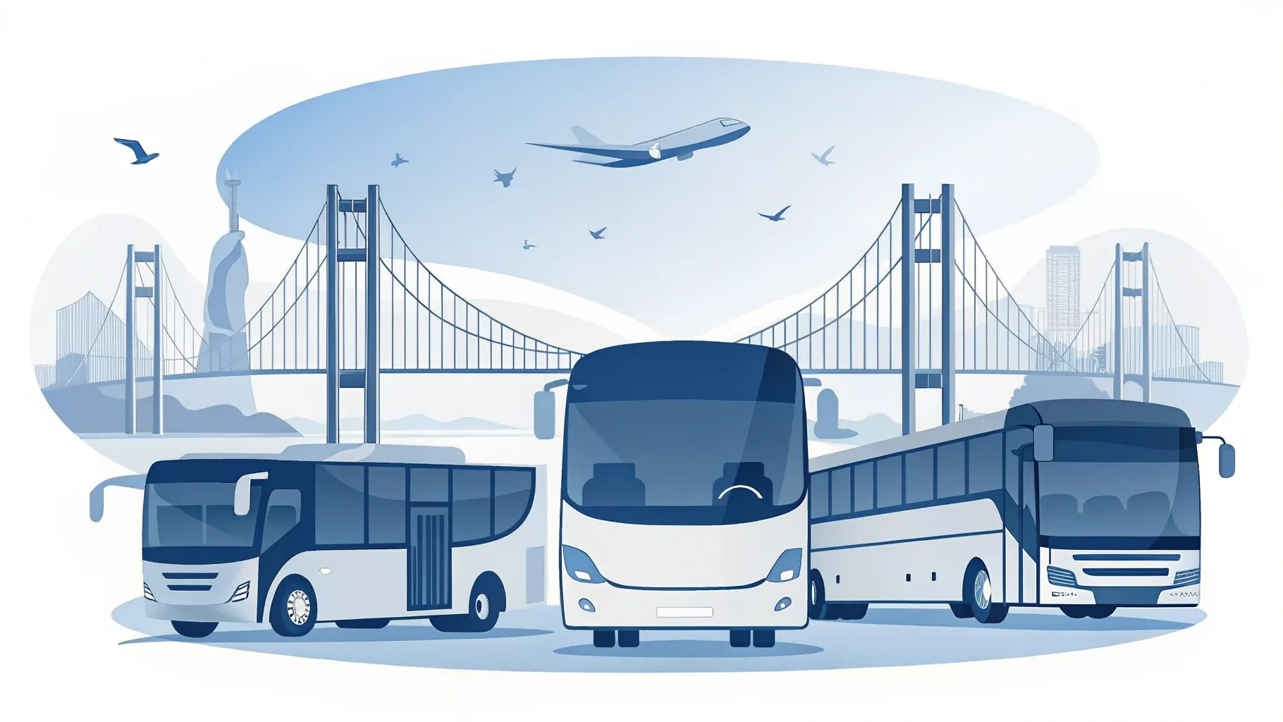 Illustration: Reisebus auf einer Brücke mit Hafenkränen und Konzerthaus-Silhouette am Wasser