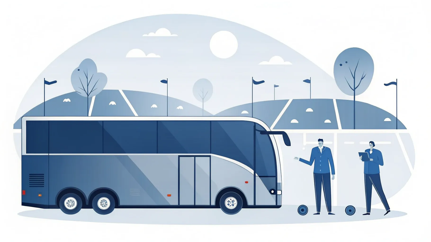 Illustration: Reisebus mit kleinen Wimpeln neben einem grünen Sportplatz