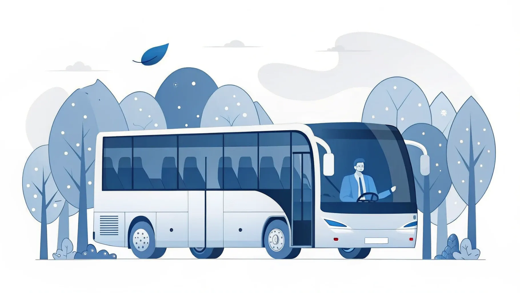 Illustration: Reisebus auf einer Landstraße zwischen grünen Bäumen, dahinter ein kleines Blatt-Symbol