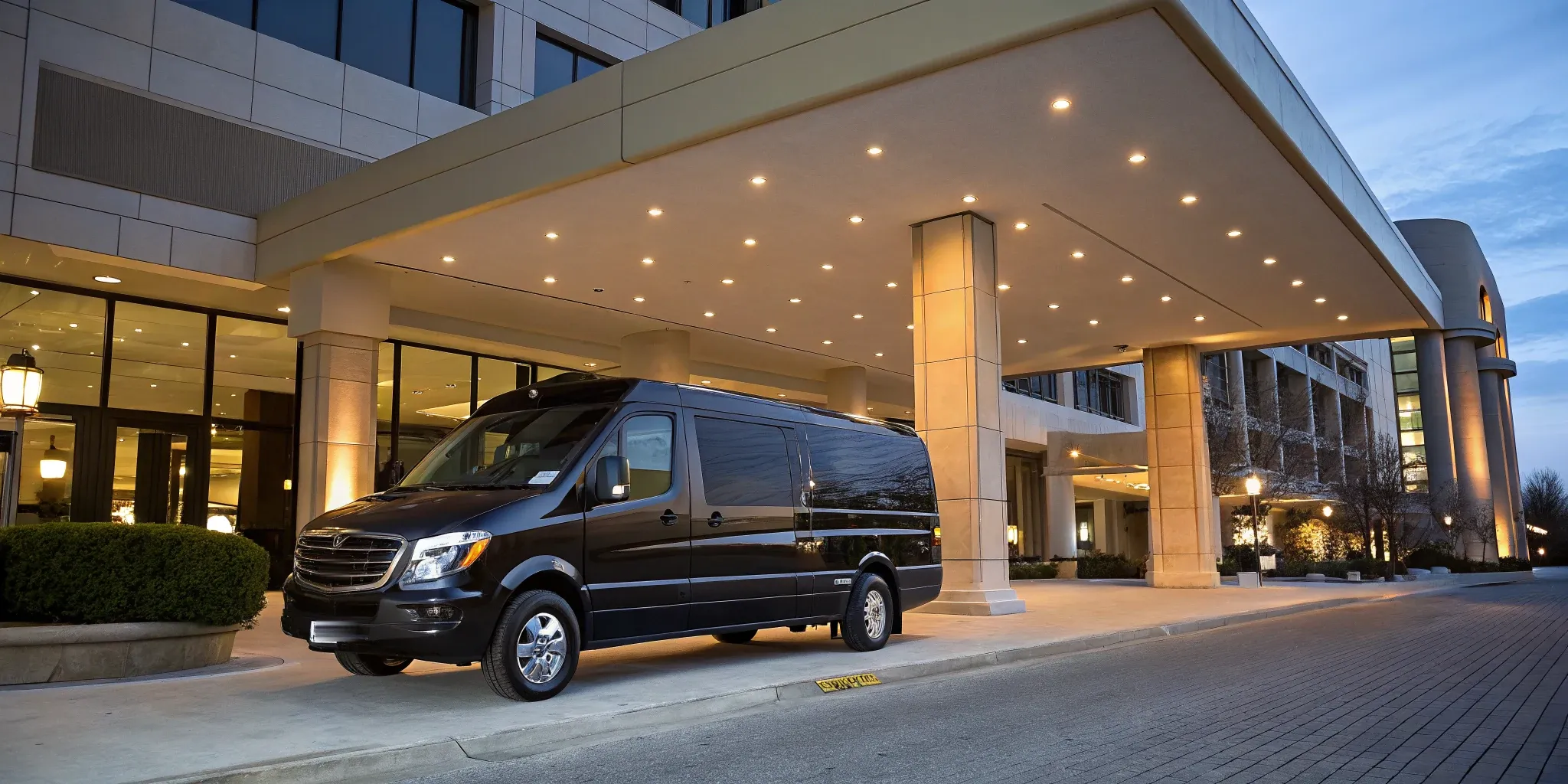 Schwarzer VIP-Van von Hanse Mondial wartet abends vor einem Hotelentree