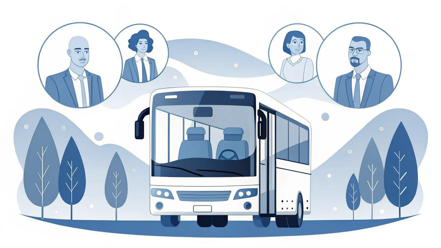 Illustration: Busfahrer von hinten am Lenkrad eines modernen Reisebusses mit Blick auf die Straße