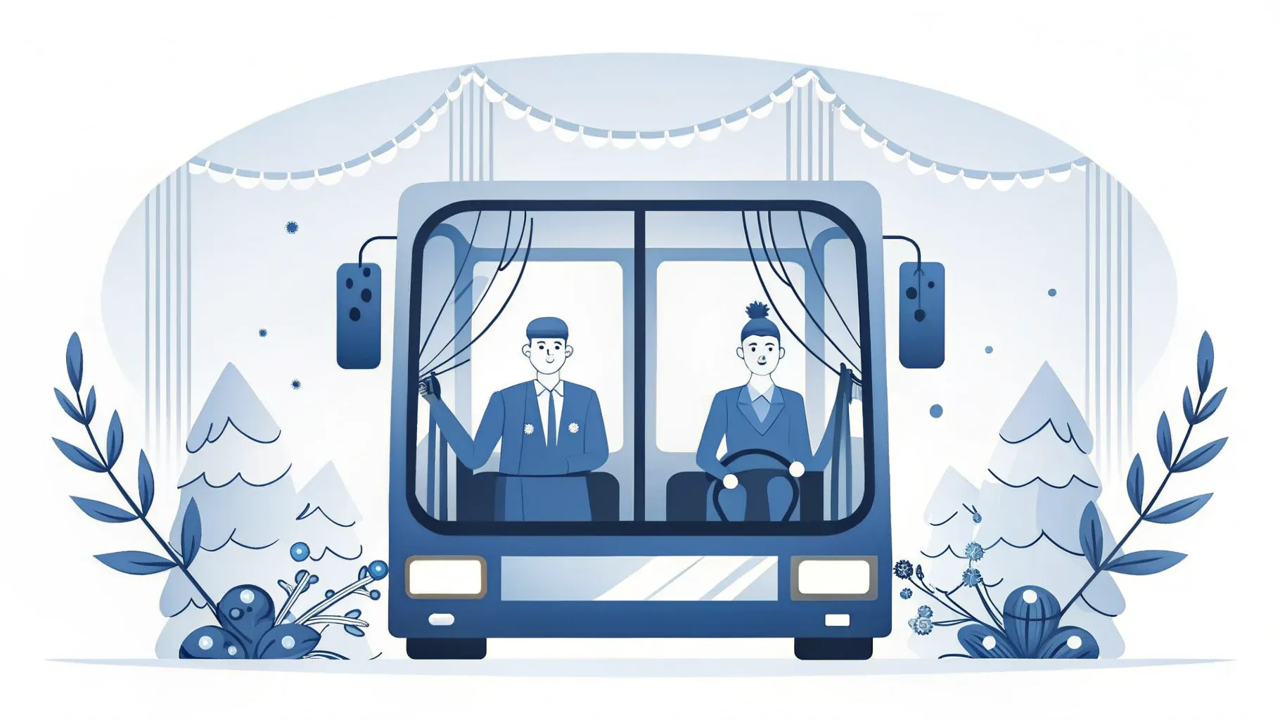 Illustration: Reisebus mit kleinem Kranz am Kühlergrill, dazu Lichterketten und leichter Schneefall