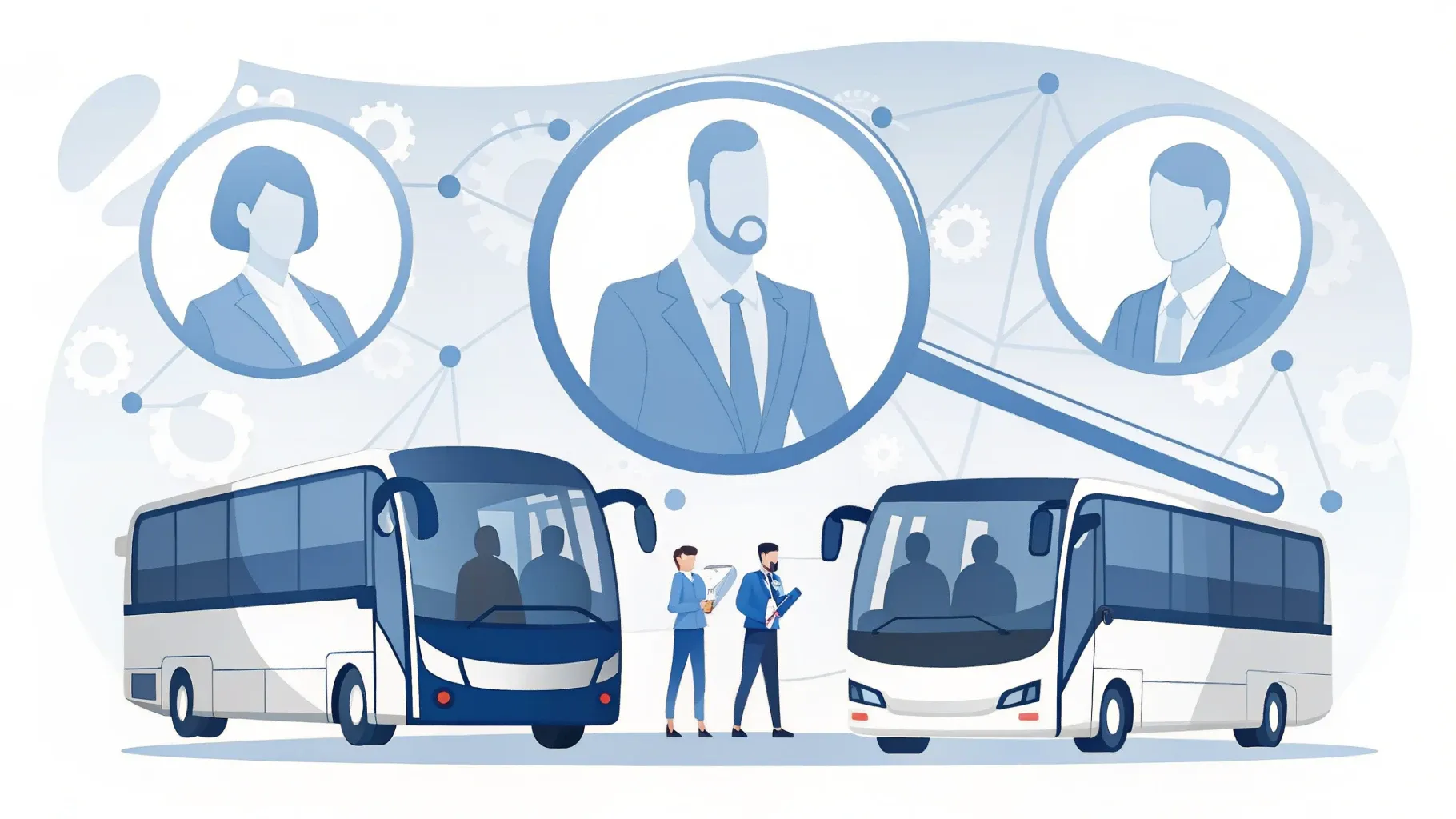 Illustration: Lupe über einer Reihe kleiner Bus-Symbole, eines davon mit Haken markiert