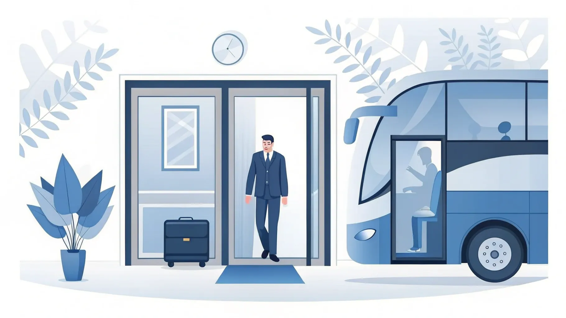 Illustration: Freundlicher Büroeingang mit offener Tür und Fußmatte, draußen vor dem Fenster ein Reisebus